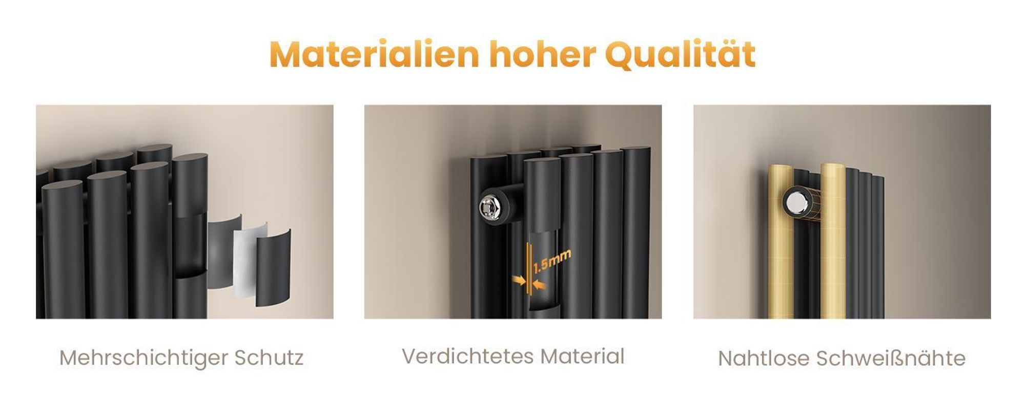EMKE Design-Röhrenheizkörper für Warmwasserbetrieb Mittelanschluss Vertikal Oval Doppellagig 678 Watt 24 cm x 180 cm Anthrazit ohne Heizstab