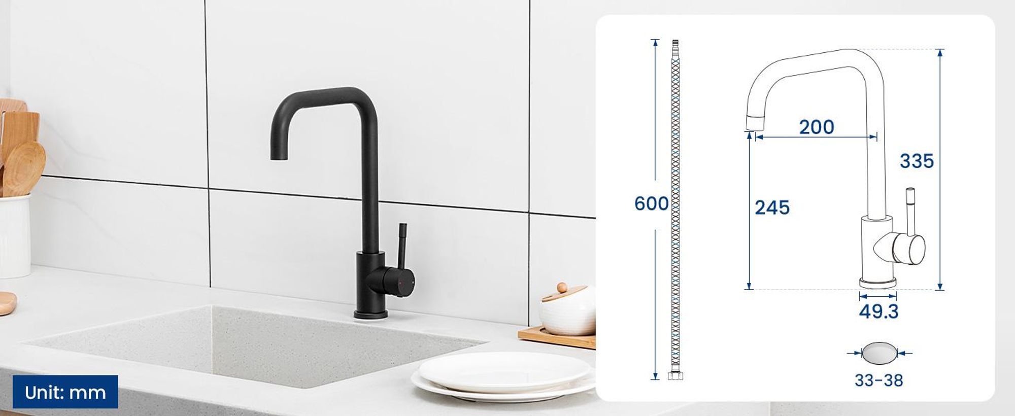 Küchenarmatur Schwarz, Wasserhahn Küche 360° drehbar, 7-Form Spültischarmatur aus Edelstahl 304, Einhebelmischer mit hohem Auslauf, Cecipa MAX