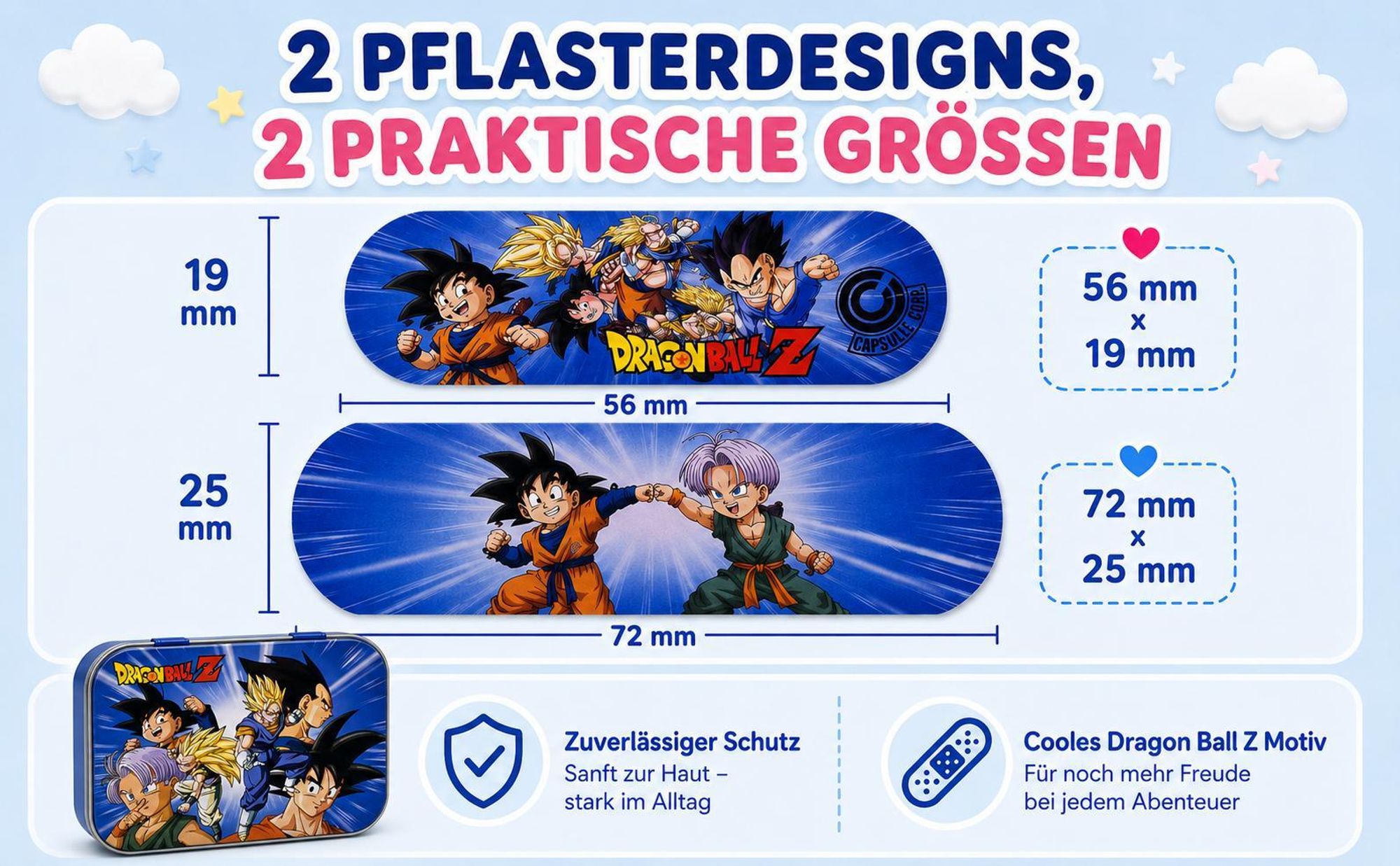 Dragon Ball Z Kinderpflaster Lizensiertes Produkt - Metall-Box - 24 Pflaster - Schönes Design Pflaster Aufbewahrungsbox für Kinder - 1 Box