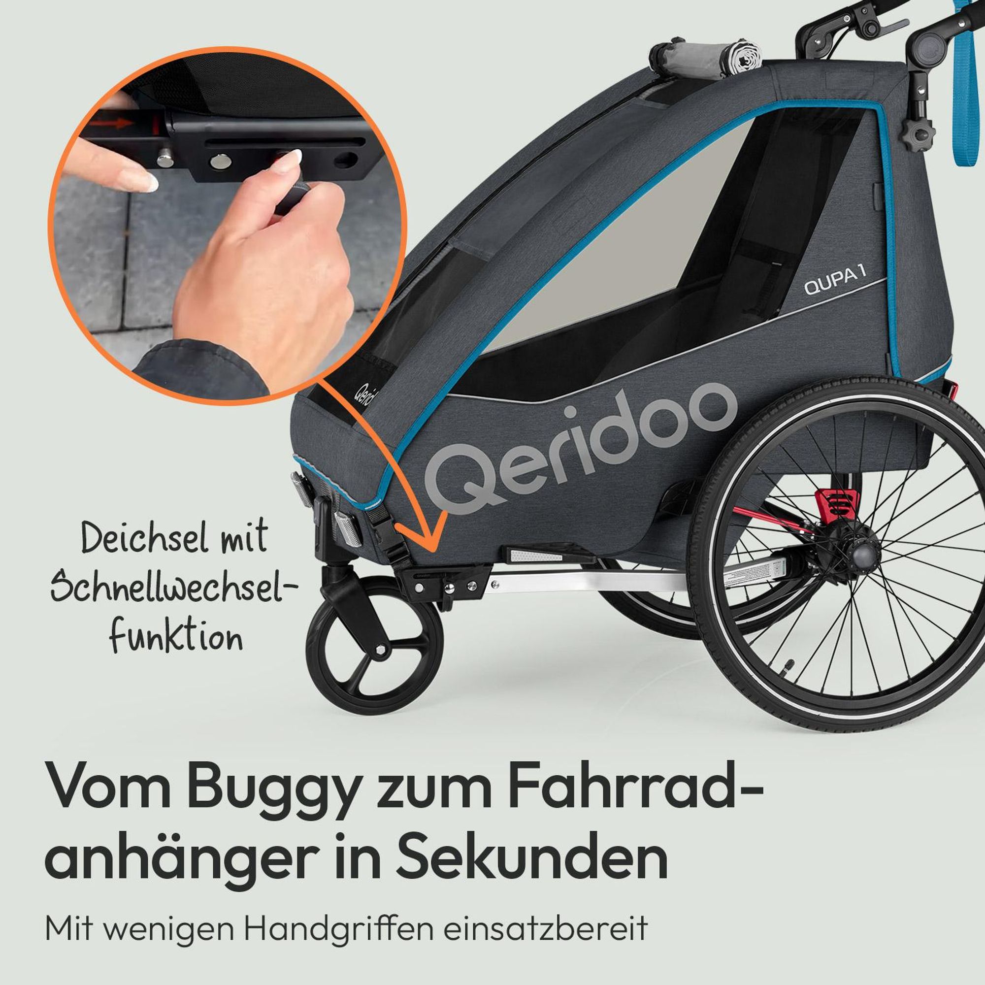 Qeridoo QUPA 1 - Kinderfahrradanhänger für 1 Kind, Farbe: Blue
