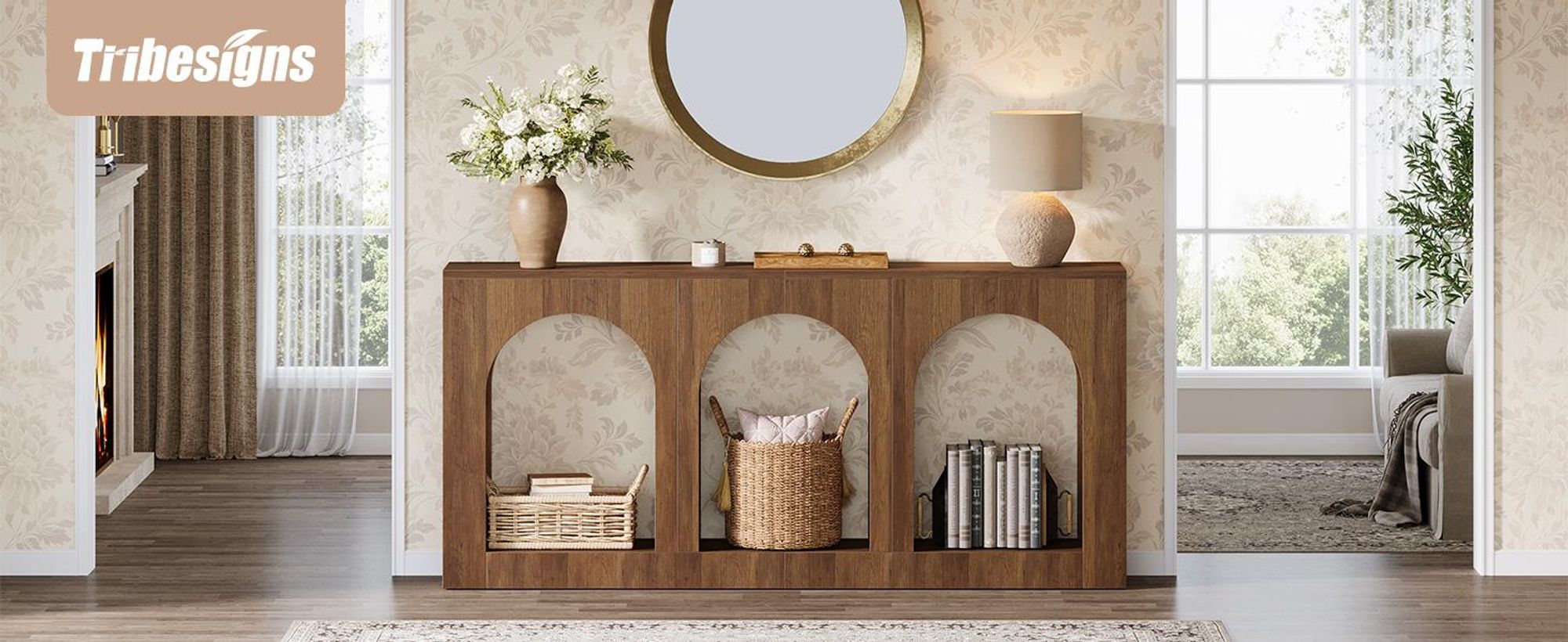 Tribesigns 160 cm Konsolentisch, Holz Eingangstisch mit 3 Bogenregalen, für Eingangsbereich, Flur, Wohnzimmer, hinter Couchtischen, rustikaler Braun