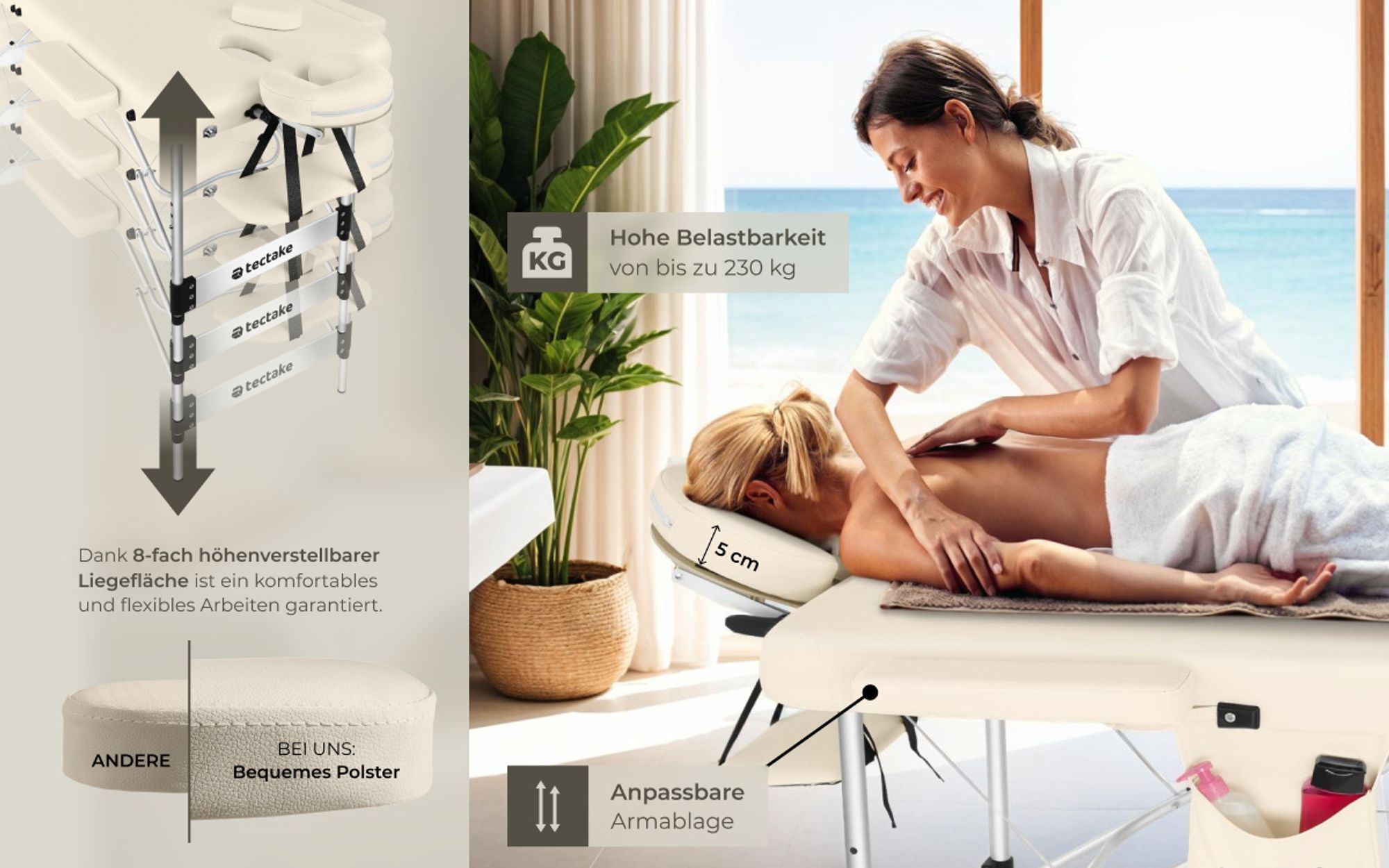 tectake® 3 Zonen Massageliege Phuket Breite 70 cm, Polsterung 5 cm 212 x 103 x 90 cm