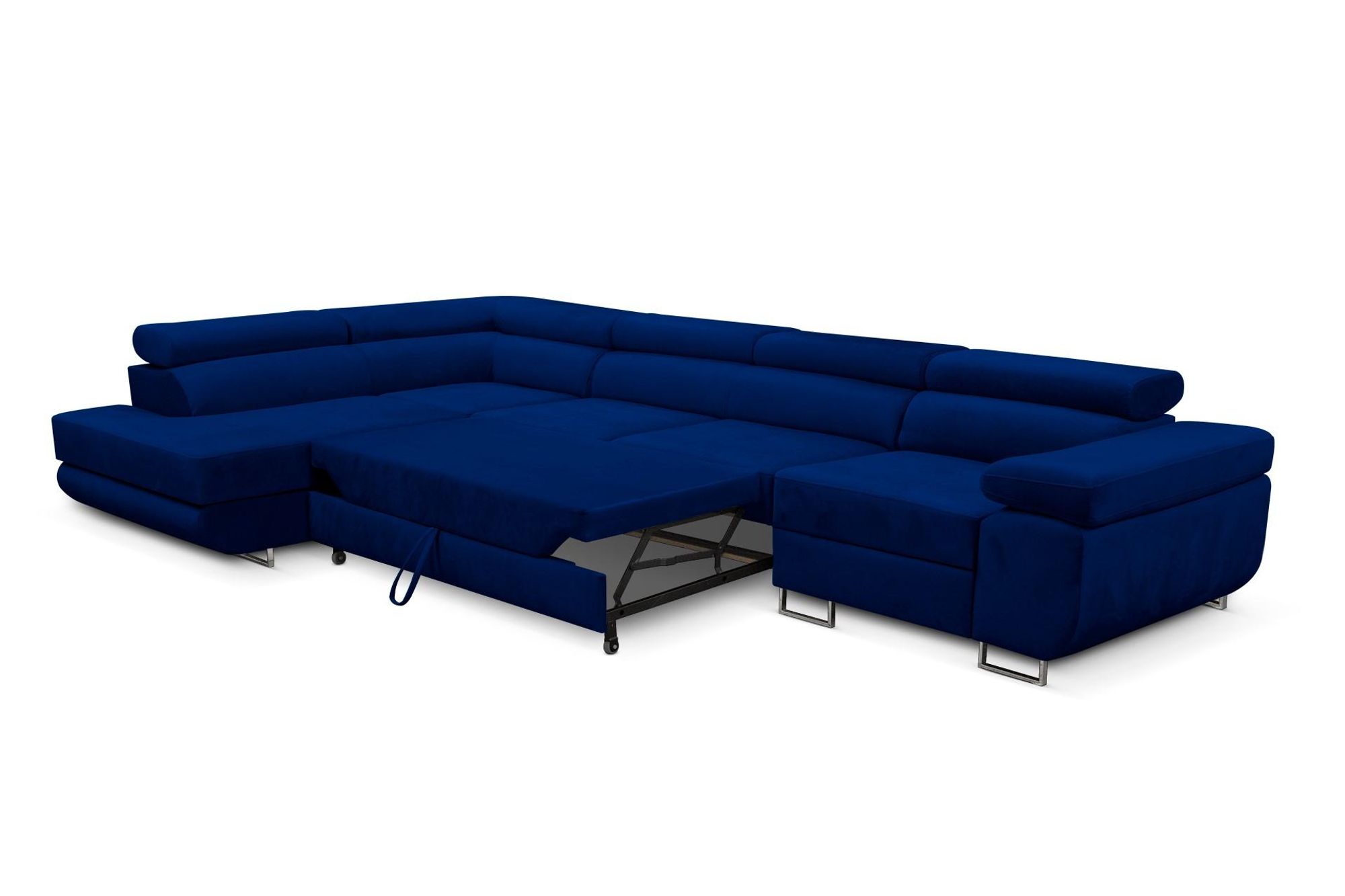 Ecksofa Miami Long Monolith 77-form mit Schlaffunktion und Bettkasten dunkelblau, Links Ottomane