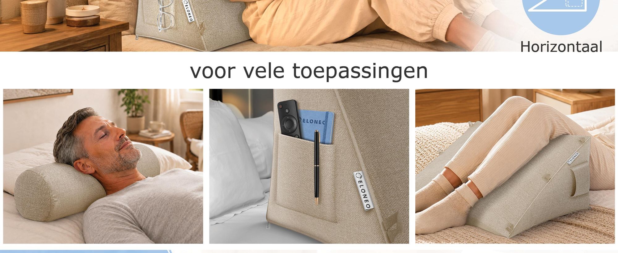 ELONEO rugkussen met afneembaar neksteun en zijvak, rugsteunkussen met wasbare hoes