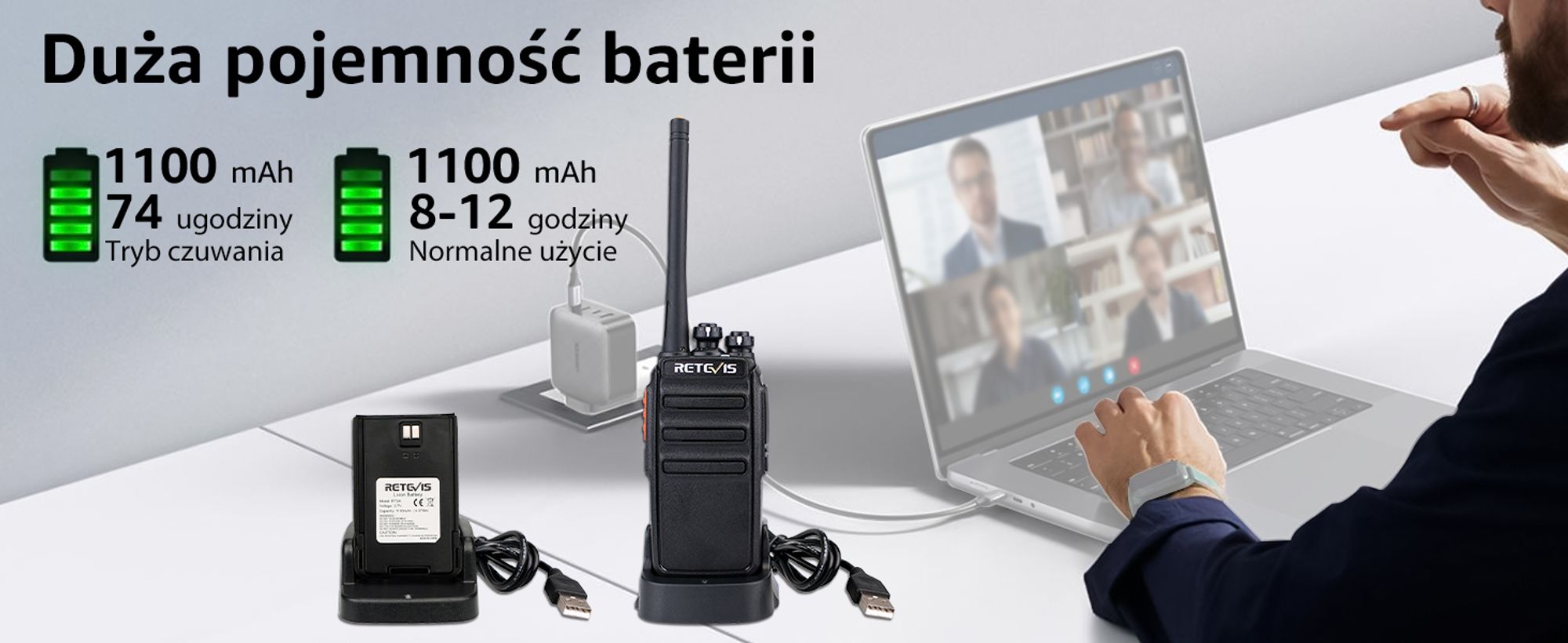 Radiotelefon Retevis RT24, 16-kanałowy ręczny radiotelefon VOX Squelch, ładowalny z zestawem słuchawkowym, stacja ładująca USB, do szkoły, hotelu, na plac budowy