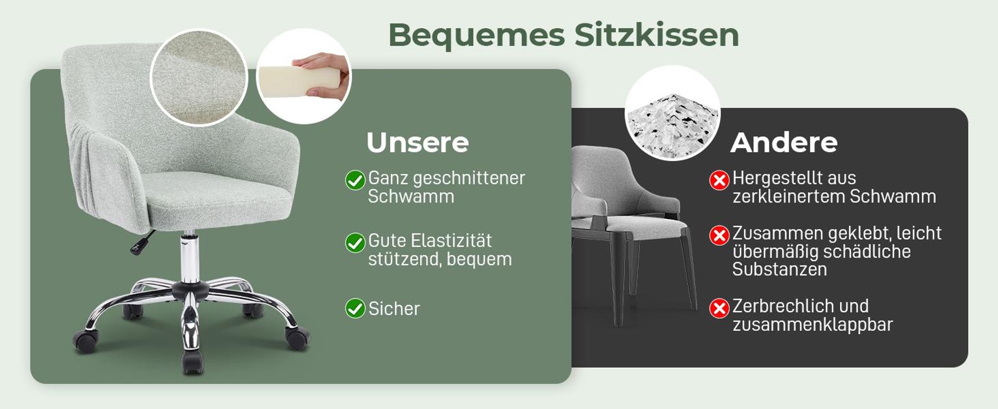 Schreibtischstuhl mit Armlehnen, Drehstuhl mit Rollen, Polsterstuhl,Hellblau-Grün