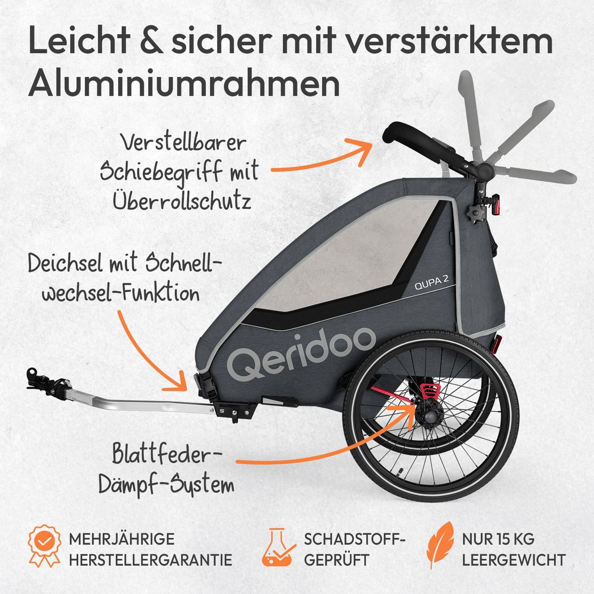 Qeridoo QUPA 2 - Kinderfahrradanhänger für 2 Kinder, Farbe: Grey