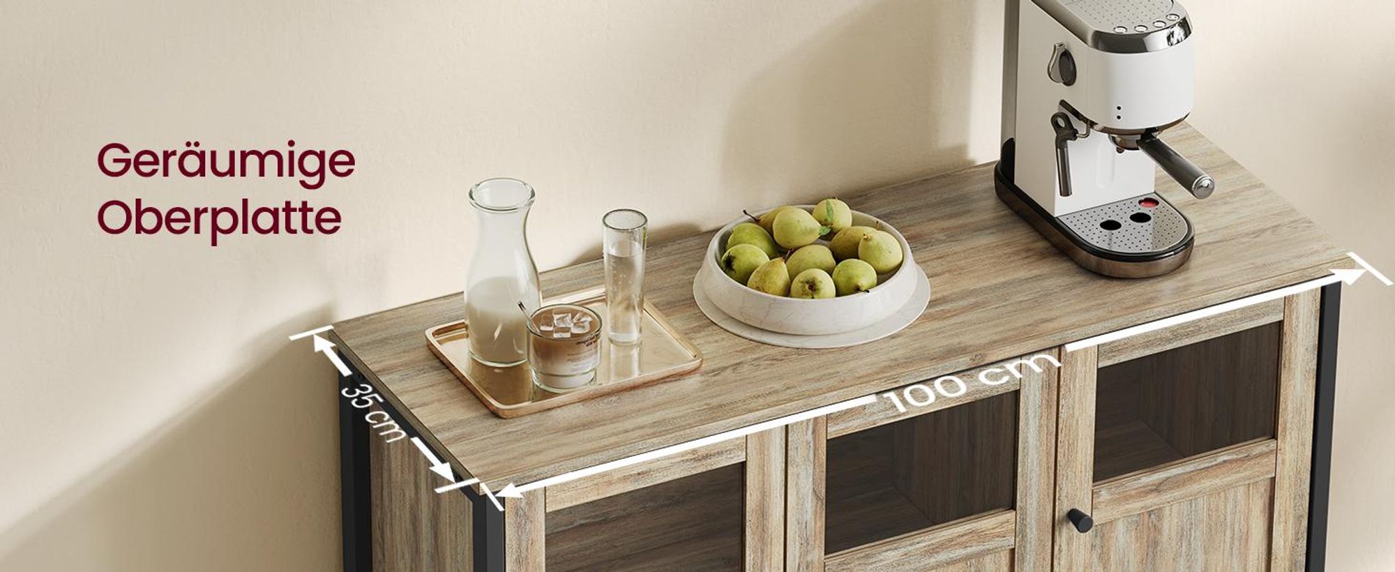 VASAGLE Sideboard, 100 x 35 x 75 cm, verstellbaren Ablage, mit Glastüren