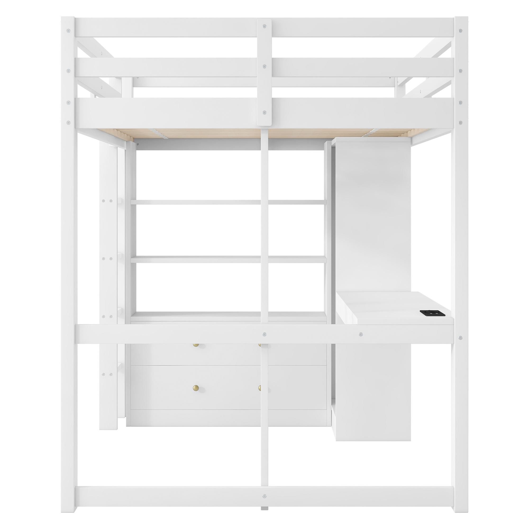 Flieks Etagenbett 140x200cm mit Kleiderschrank und Stange, Hochbett Kinderbett mit Led und Ladefunktion, Jugendbett mit Schreibtisch und Schrank, Weiß