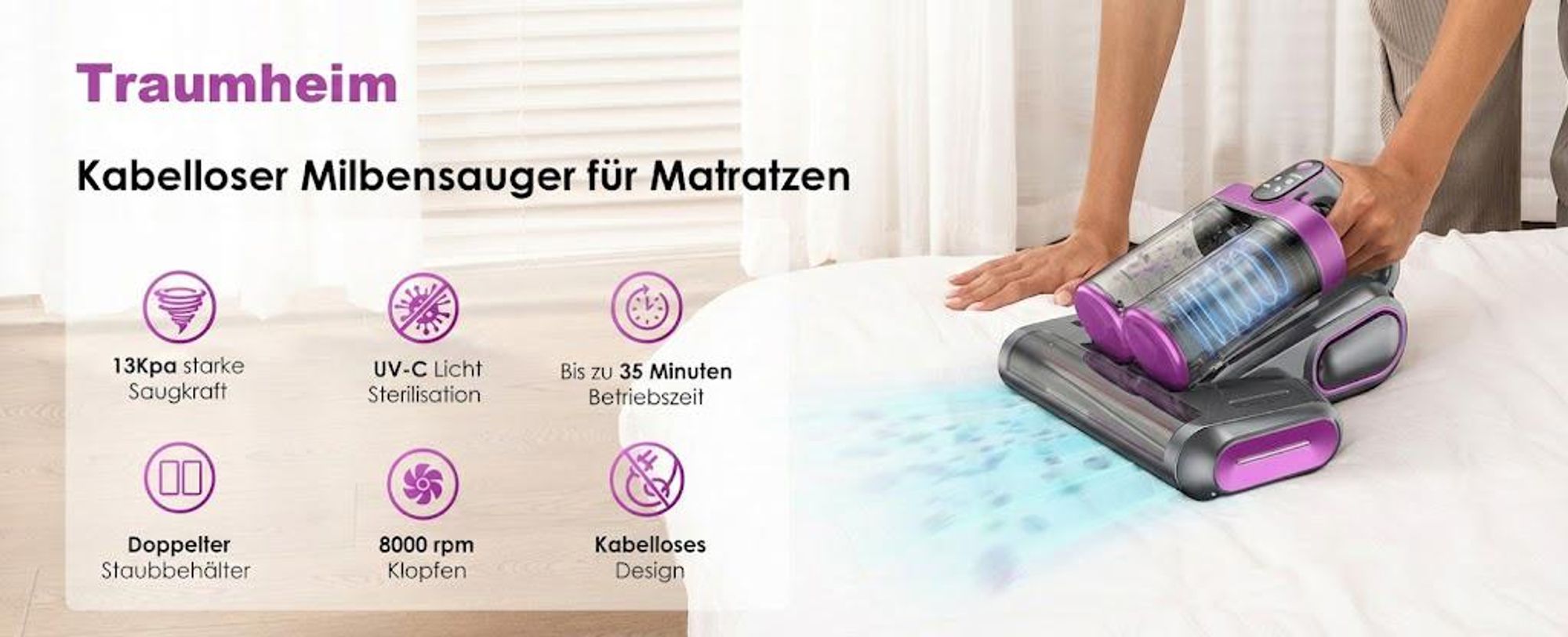 Kabelloser Milbensauger, 13000Pa Staubsauger für Matratzen, 253.7nm UV-C Licht Milbenentferner, HEPA-Filter Handstaubsauger mit Doppelbehälter