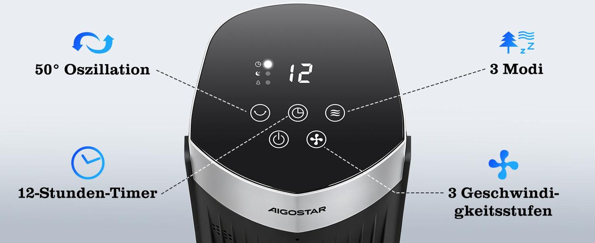Aigostar - 45W Turmventilator mit Fernbedienung, 4 Modi, 3 Geschwindigkeiten, 12H Timer, 65 °Oszillation