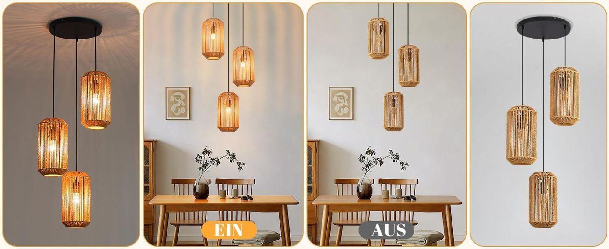 ZMH Lámpara colgante de ratán Boho 3 luces lámpara mesa comedor regulable altura casquillo E27 cuerda papel para comedor dormitorio