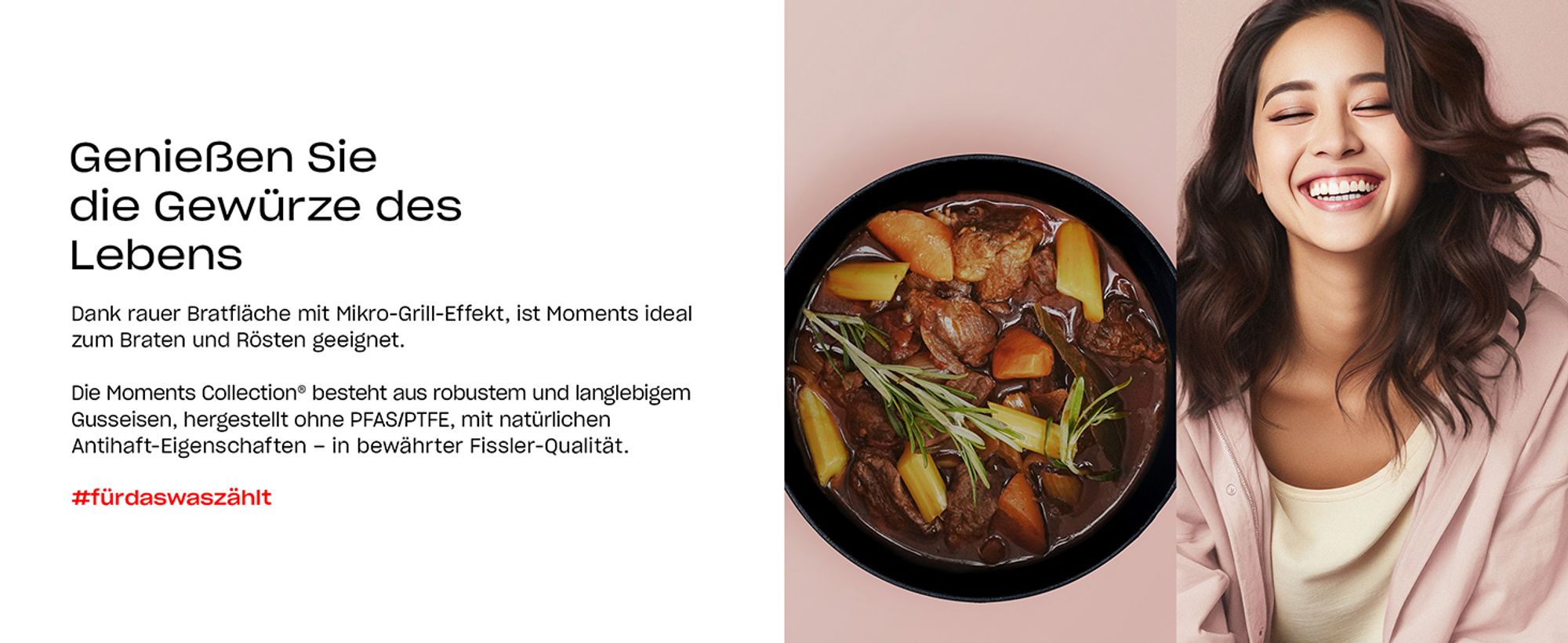 Fissler Moments Collection / Emaillierte Gusseisen-Pfanne (Ø 26 cm) antihaftend, hoher Rand, mit Ausgießern, Aufhänge-Öse, PFAS/PTFE-frei, Induktion – Elfenbeinweiß