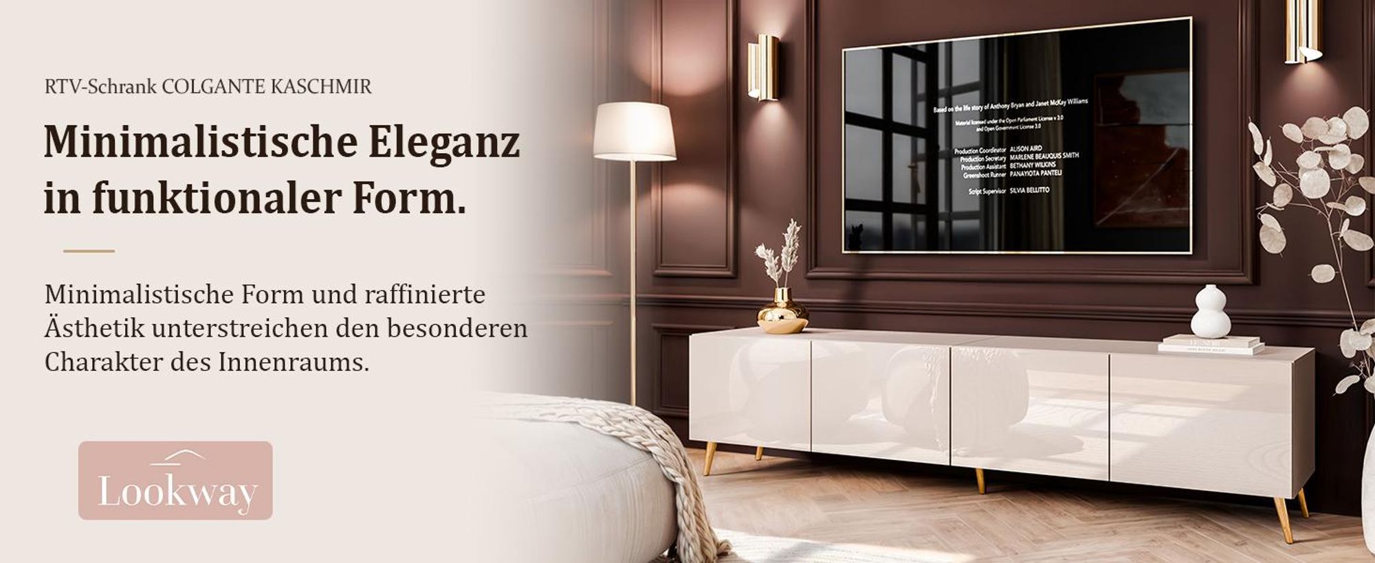 TV-Schrank COLGANTE 200 Kaschmir Hochglanz auf schrägen schwarzen Beinen