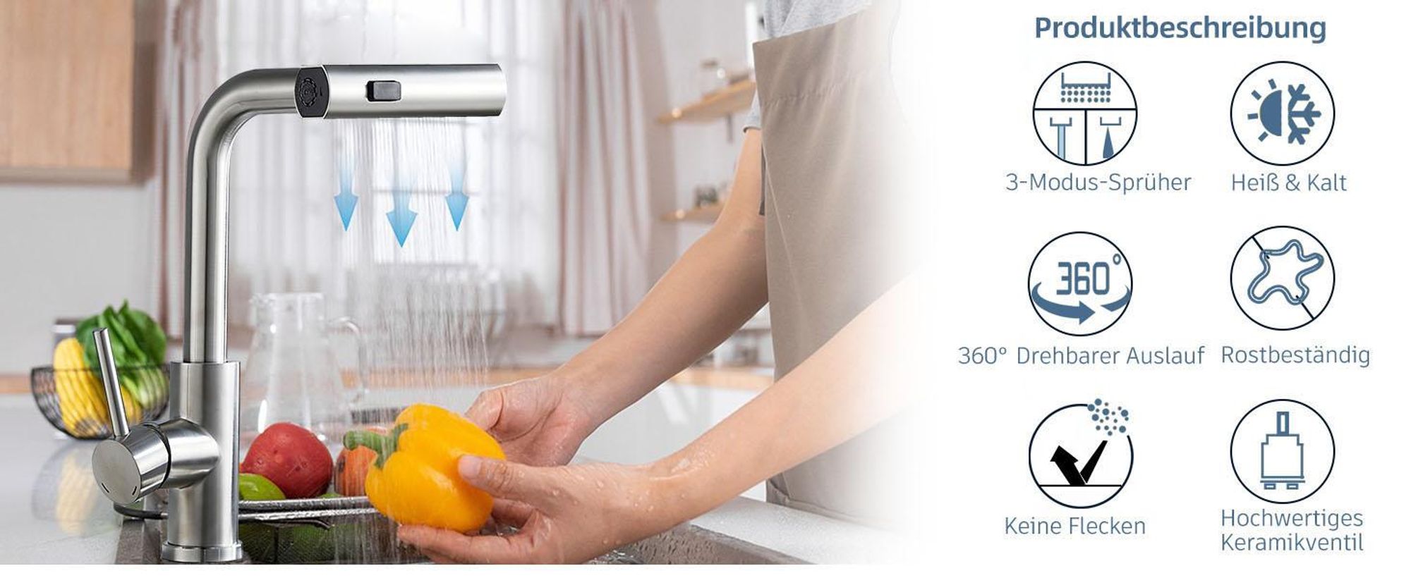 Küchenarmaturen, Spültischarmatur, Küchenarmatur, Wasserhahn Küche mit Herausziehbarer Brause, SUS304 Edelstahl, 3 Strahlarten, 360° Schwenkbarer