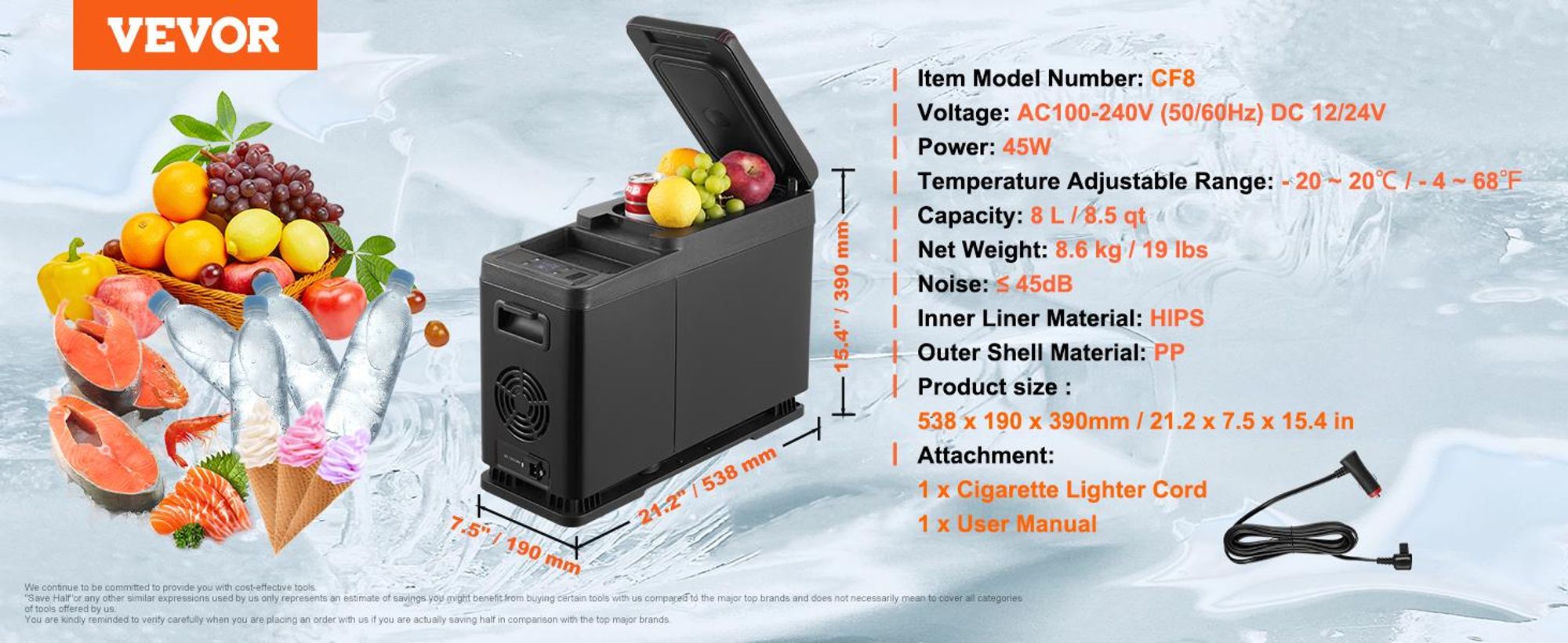 VEVOR Autokühlschrank, 12-Volt-Kühlschrank für die Armlehne des Autos, tragbarer 8-Liter-Gefrierschrank mit einer Zone, einstellbarer Temperaturbereich von -20 °C bis 20 °C, 12/24 V Gleichstrom und 100–240 V Wechselstrom, Kompressorkühler für den Außenbereich, Camping