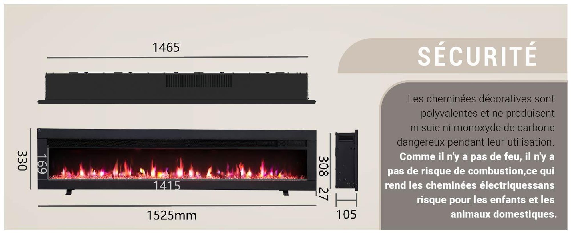 Cheminée électrique encastrable BALDERIA Agnes 60 – Puissance de chauffage jusqu'à 1 800 W, noire