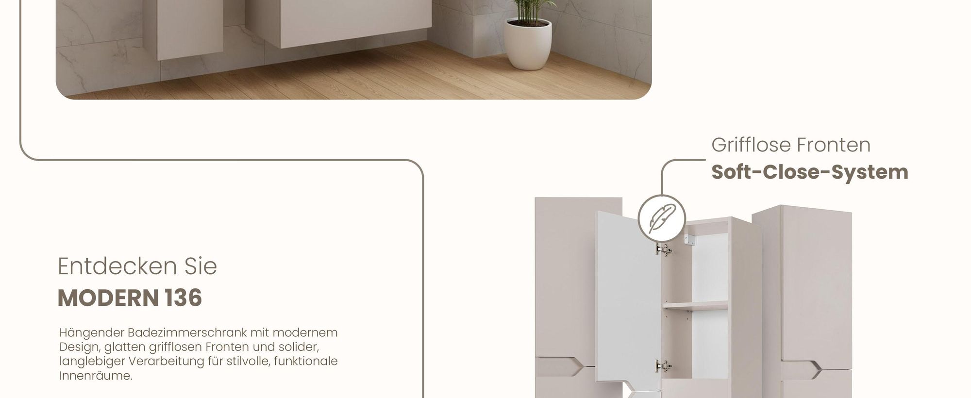 RODAN | Badezimmer Hochschrank - Beige - 136 cm - MODERN - Badschrank Schmal - Hängend - MDF Fronten