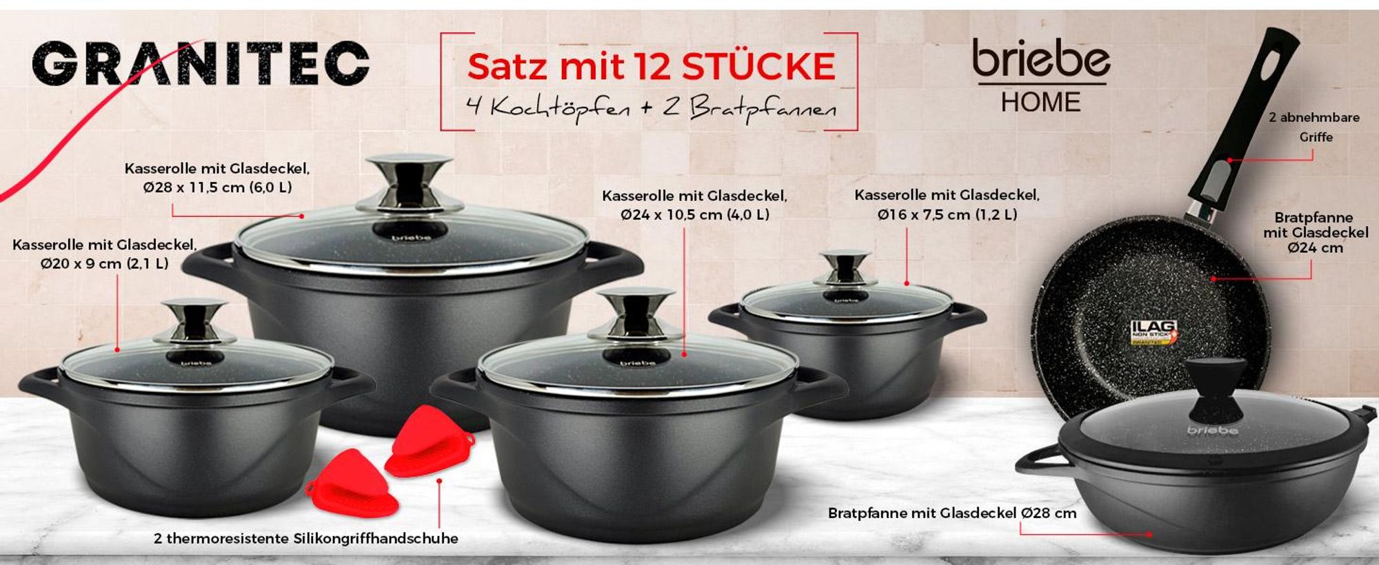 Briebe MGK1219 Kochtopf Set Induktions 12-Teilig Aluminiumguss 4 Kochtöpfen 2 Bratpfanne Schwarz