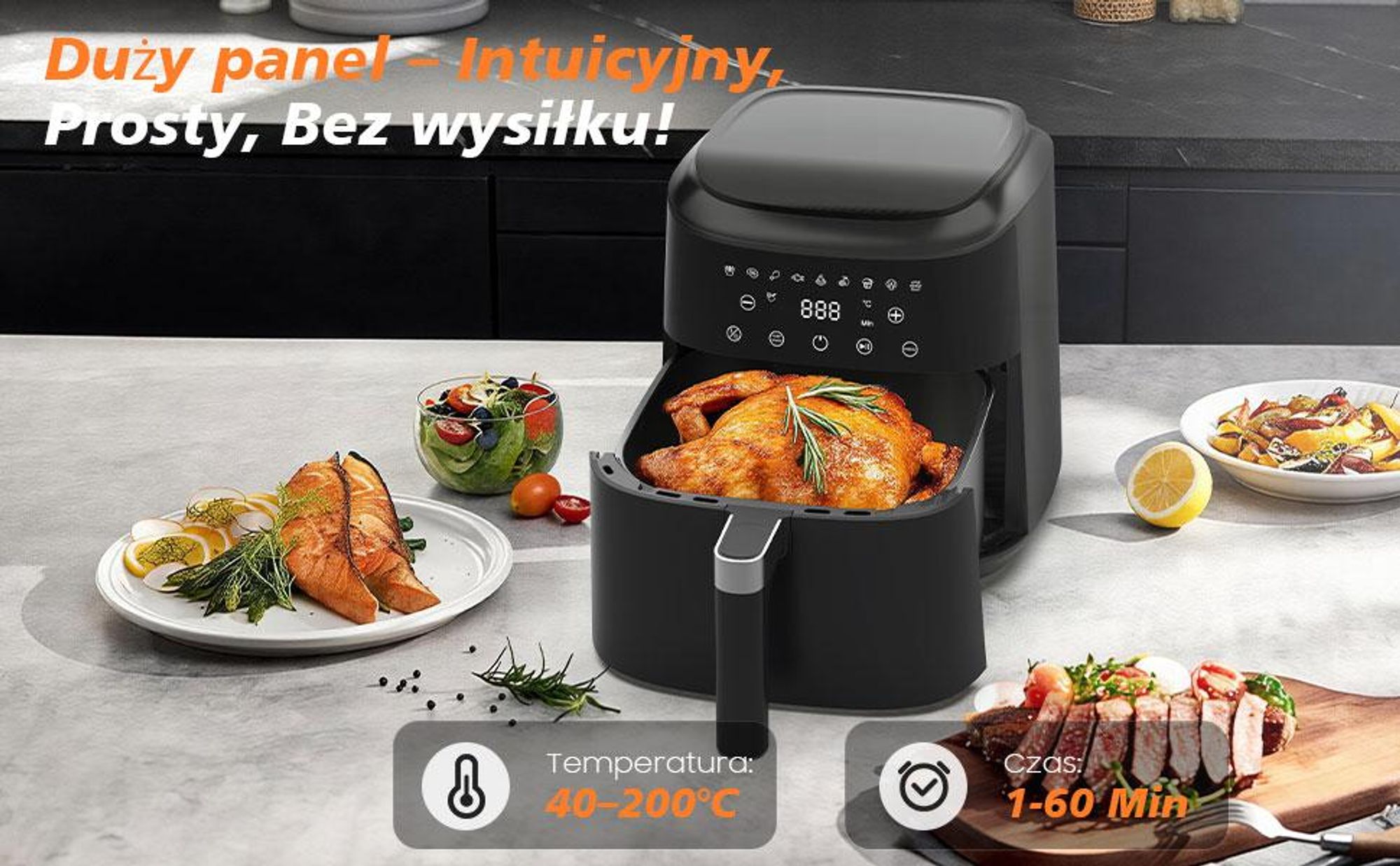Frytkownica beztłuszczowa, 6 litrów, 9 programów gotowania, zakres temperatur 40–200 °C, funkcja podgrzewania