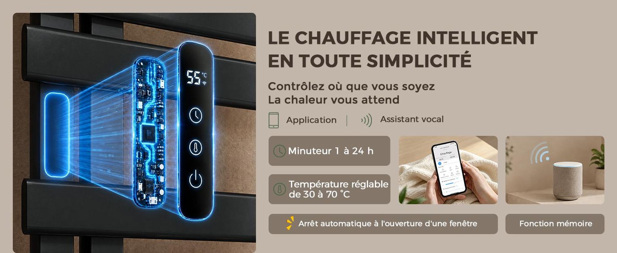 S'AFIELINA Sèche-serviettes électrique avec étagère  1050×500 mm 335 W Noir,Radiateur sèche-serviettes connecté WiFi, chauffage en fibre de carbone