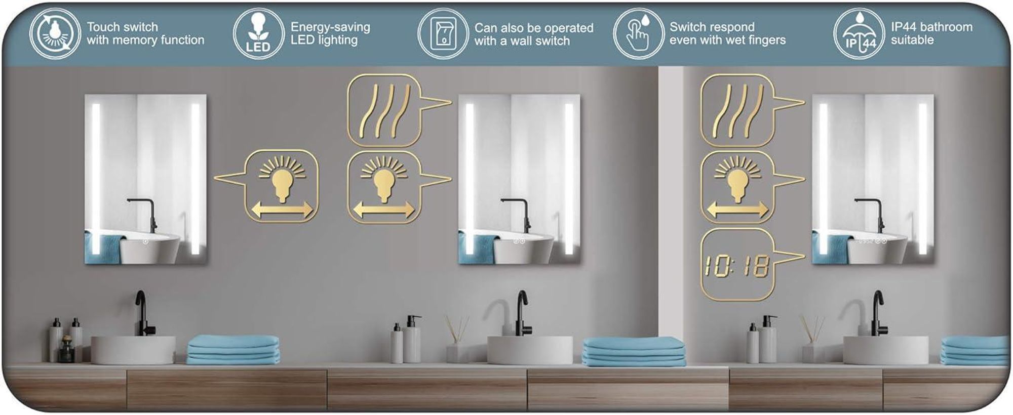 HOKO specchio da bagno LED antiappannamento da parete 60x80cm+orologio+cambio LED (bianco caldo-bianco freddo-neutro. con interruttore a sfioramento e accendibile con interruttore a parete)