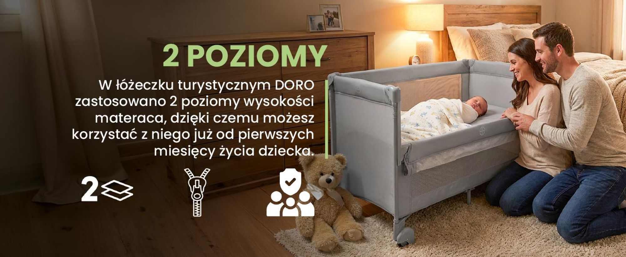 Łóżeczko turystyczne o wymiarach 60*120 cm z dwoma poziomami wysokości