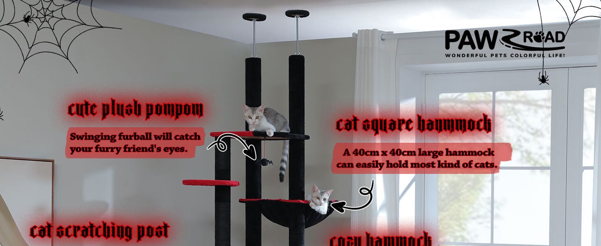 PAWZ Road Hoch Katzenbaum Schwarz, Deckenhoher Katzenbaumturm verstellbar