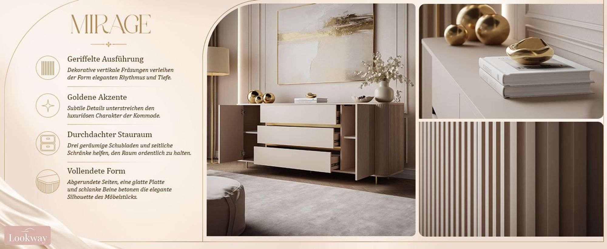 Kommode MIRAGE GOLD, mit 3 Schubladen und 2 Türen