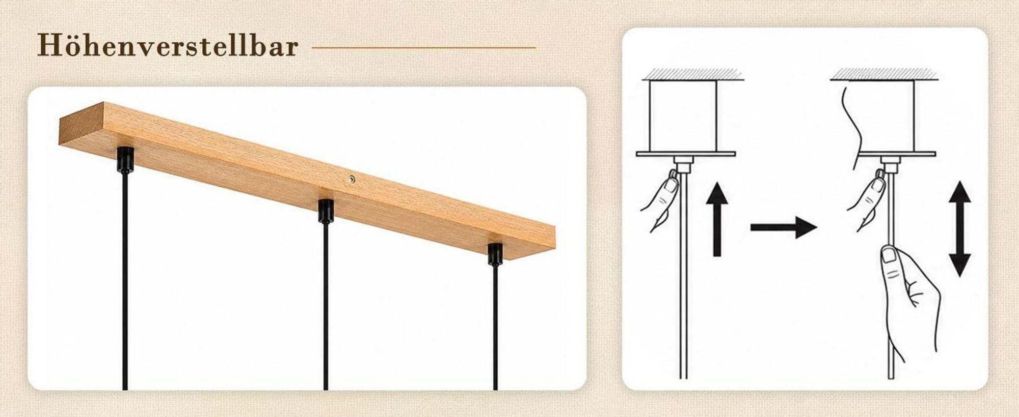 ZMH Pendelleuchte mit Stoffschirm 3 Flammig Holz Esstischlampe Vintage Hängeleuchte E14 Hängelampe für Wohnzimmer Restaurant Schlafzimmer Küche Weiß
