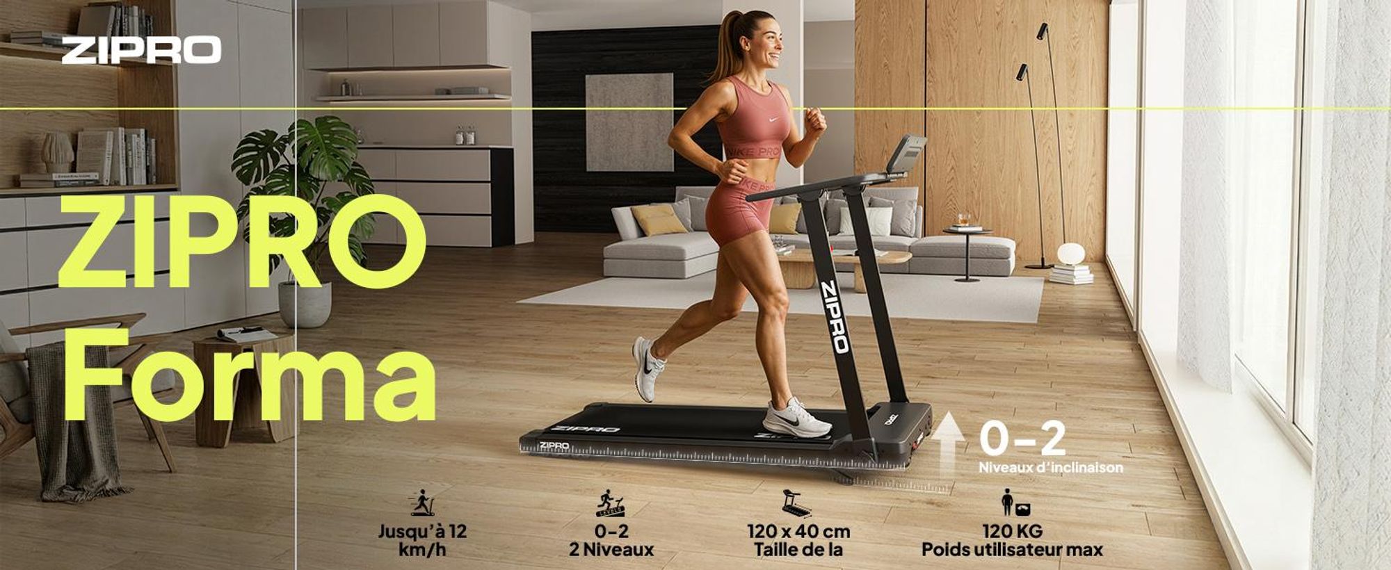 Tapis de course électrique ZIPRO Forma | Pliable sous le lit | 1-12 km/h | Bande 120x40 cm | Amortissement Reel Feel | Zwift Kinomap | jusqu'à 120 kg