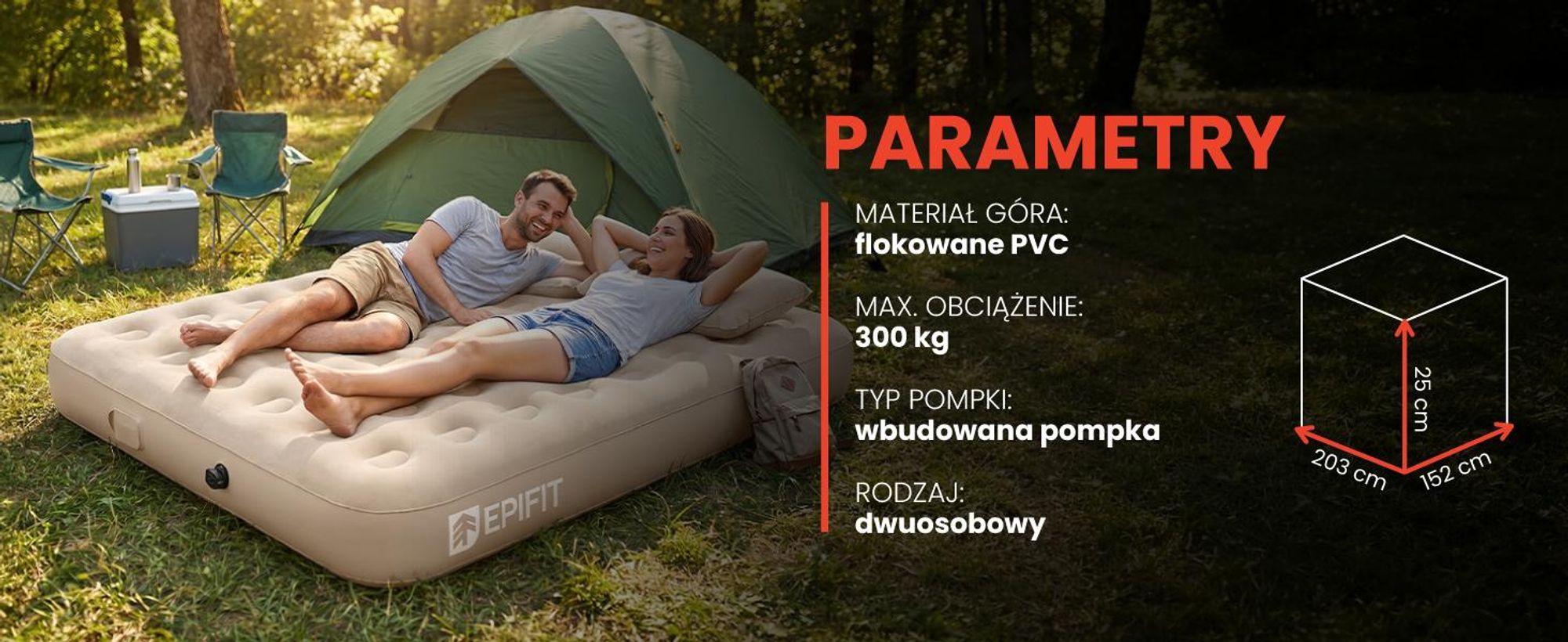 Dwuosobowy materac dmuchany z wbudowaną pompką do 300 kg