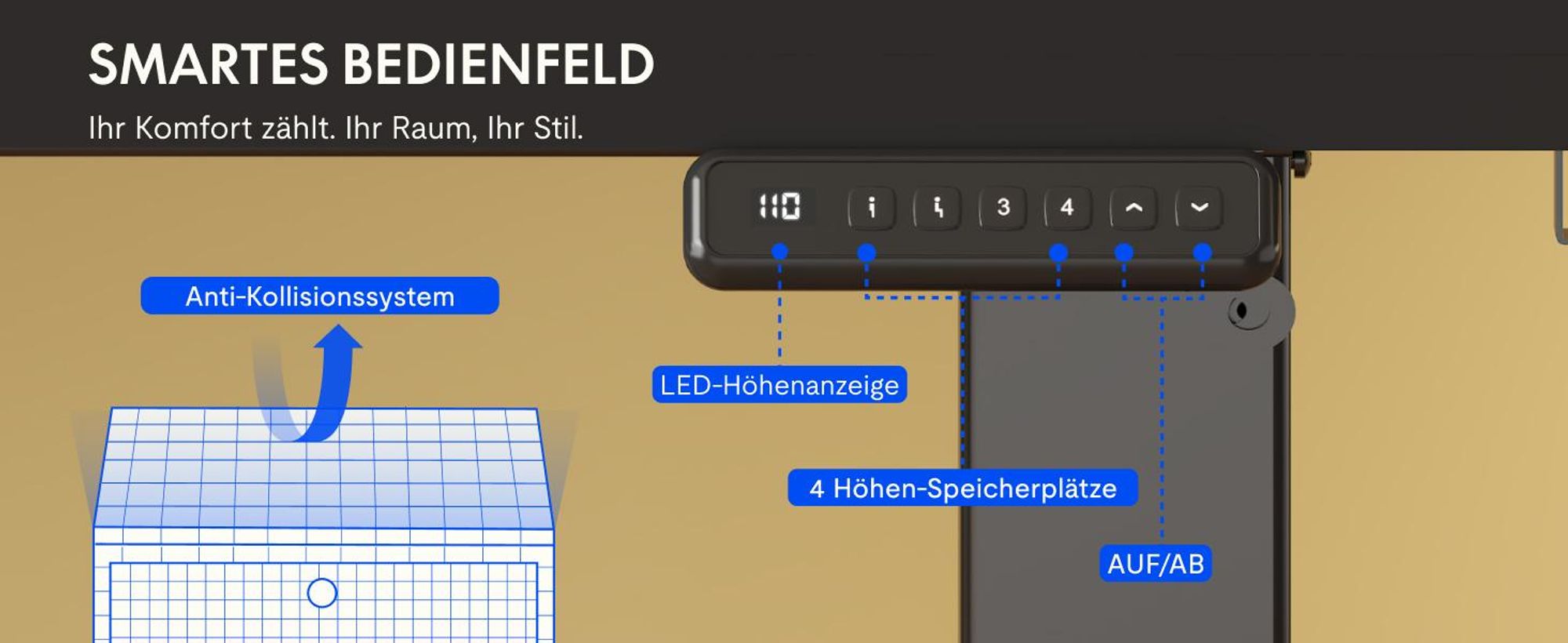 FLEXISPOT QE1 Höhenverstellbarer Schreibtisch 120x60cm EINTEILIGE TISCHPLATTE, 4 Memory-Funktion, Antikollisionsschutz, Haken&Kabelmanagement(Schwarz)