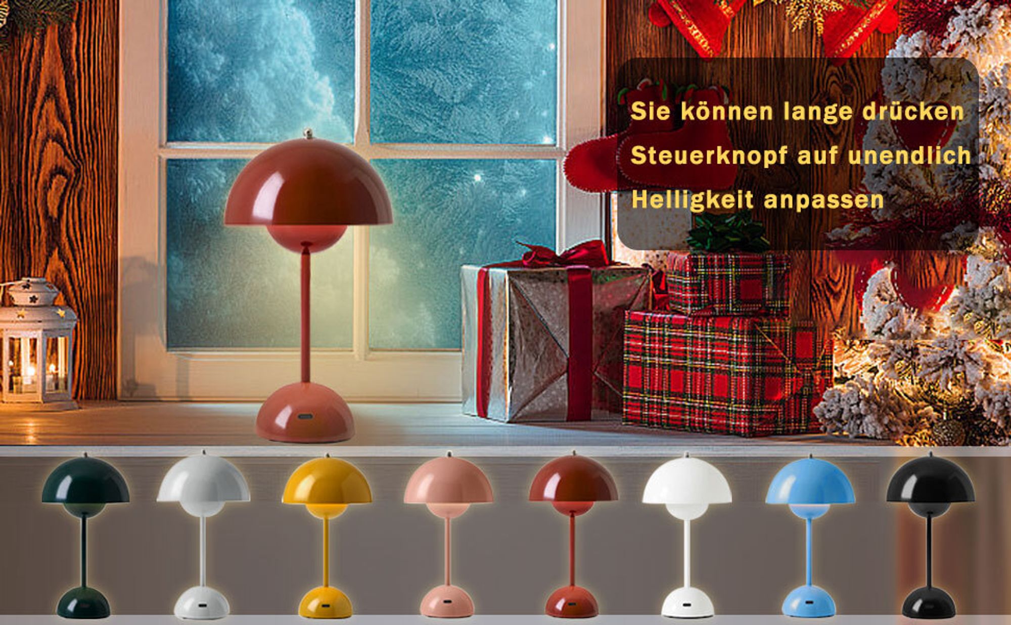 Kabellos Nachttischlampen,LED Tischlampe,Touch Dimmbare kuppelförmige Tischleuchte,3 Lichtfarben Pilzlampe,Schreibtischlampe,Dekotischlampe,Rot