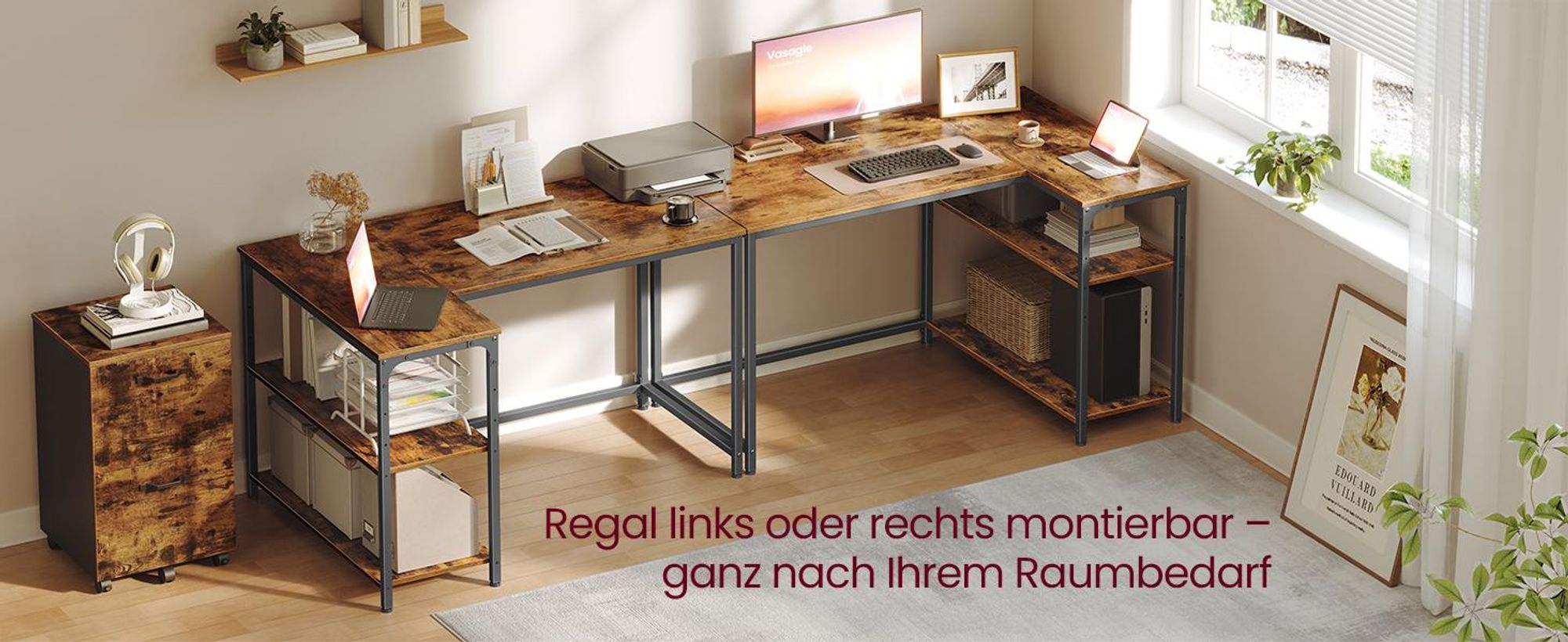 VASAGLE Schreibtisch mit Stauraum, L-Form Computertisch, höhenverstellbare Ablage, Büro, 110 x 80 cm, braun