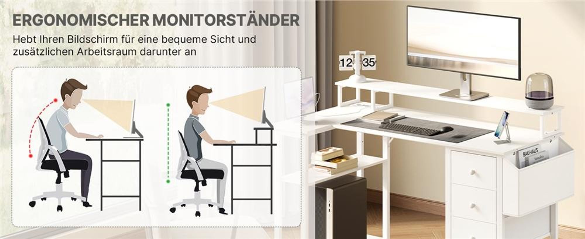 Yaheetech L-förmiger Computertisch, Schreibtisch mit Ladestation, umkehrbarer Gaming-Tisch, mit Monitorhalterung & Aufbewahrungstasche, Weiß