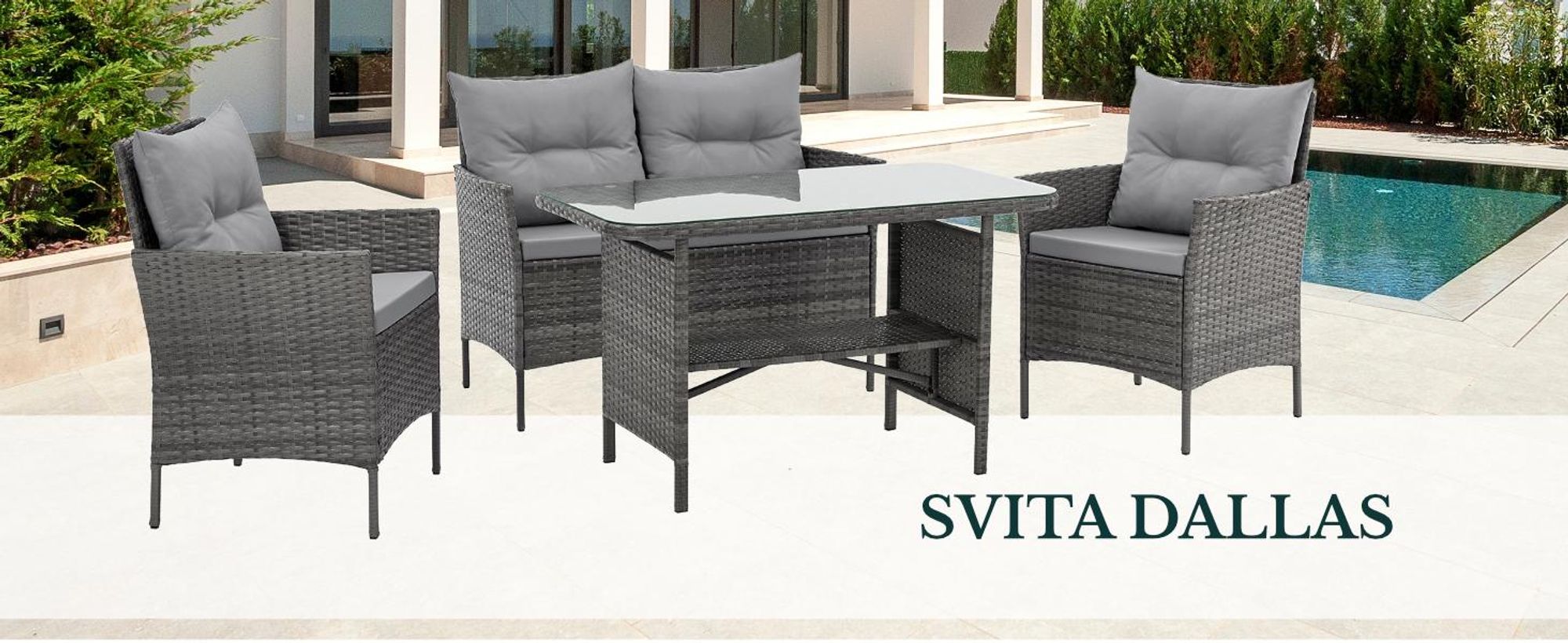 Sitzgruppe SVITA DALLAS im Vordergrund, im Hintergrund eine Terrasse mit Pool