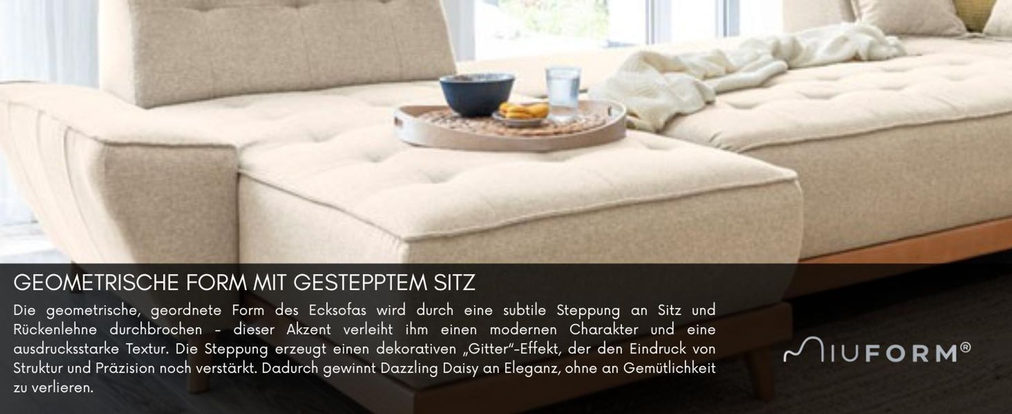 MIUFORM Dazzling Daisy - Ecksofa mit Bettfunktion und Bettkasten L-FORM LINKS - 253x190cm - Türkis - Sofa Schlafsofa Couch