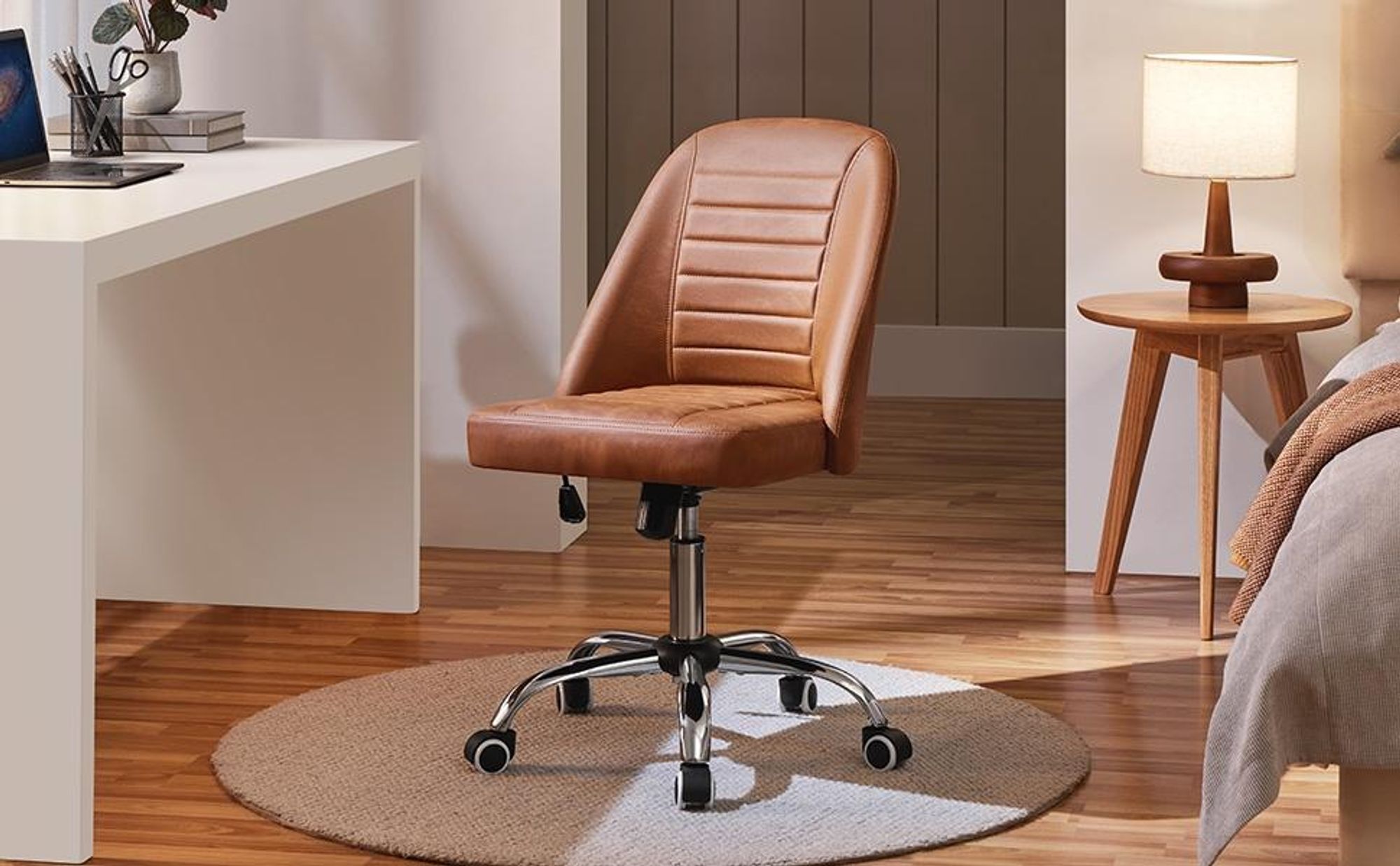 Yaheetech Bürostuhl Schreibtischstuhl Drehstuhl ohne Armlehne mit Rollen höhenverstellbar Arbeitshocker Kunstleder, Retro-Braun