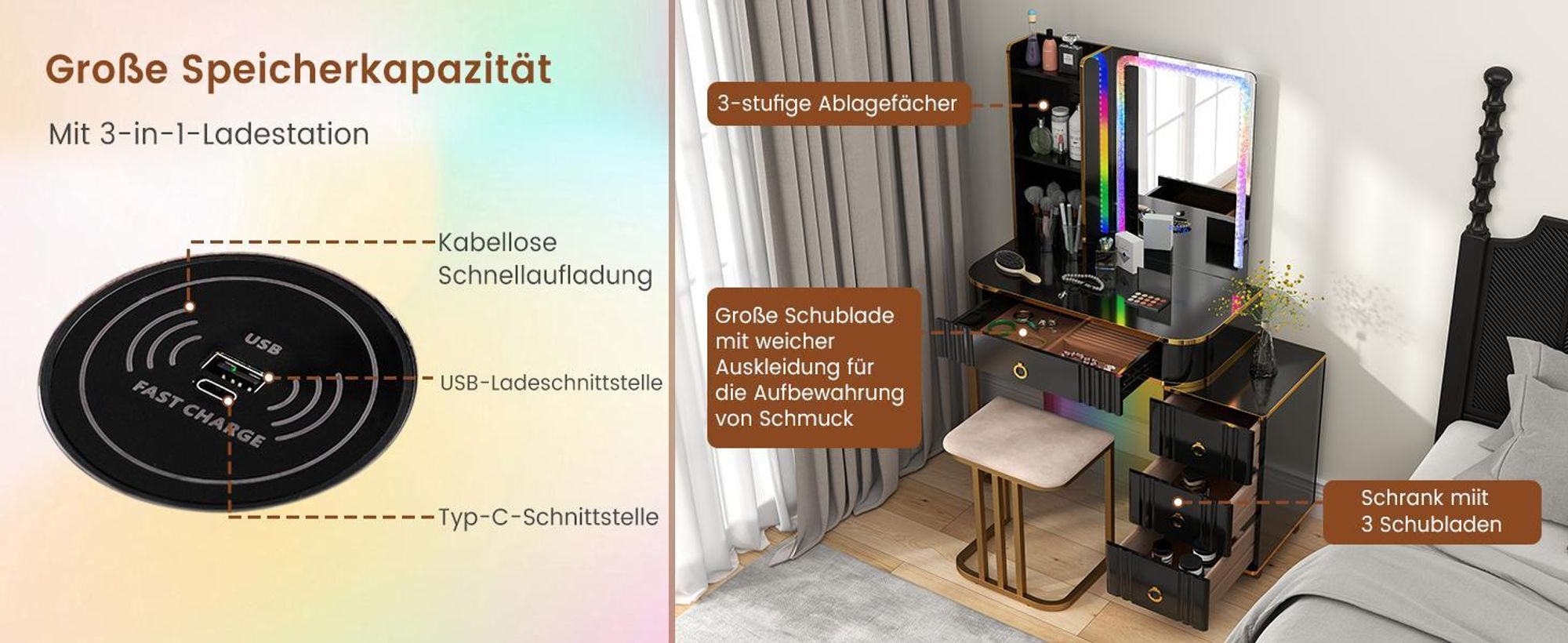 COSTWAY Schminktisch mit LED-Beleuchtung, Frisiertisch mit 14 LED-Leuchten, kabelloser Ladestation, USB-Anschluss & 4 Schubladen
