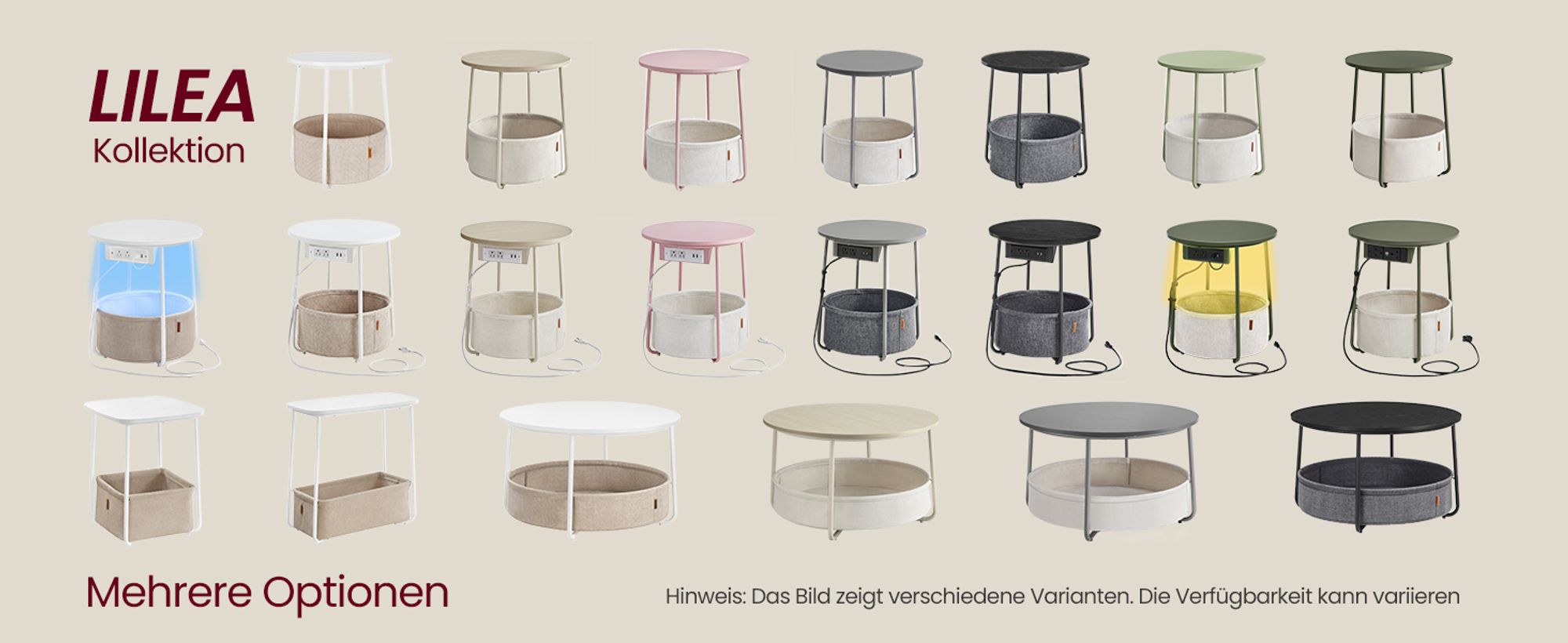 VASAGLE Couchtisch rund, Wohnzimmertisch mit Korb aus Stoff, modern, Mattweiß