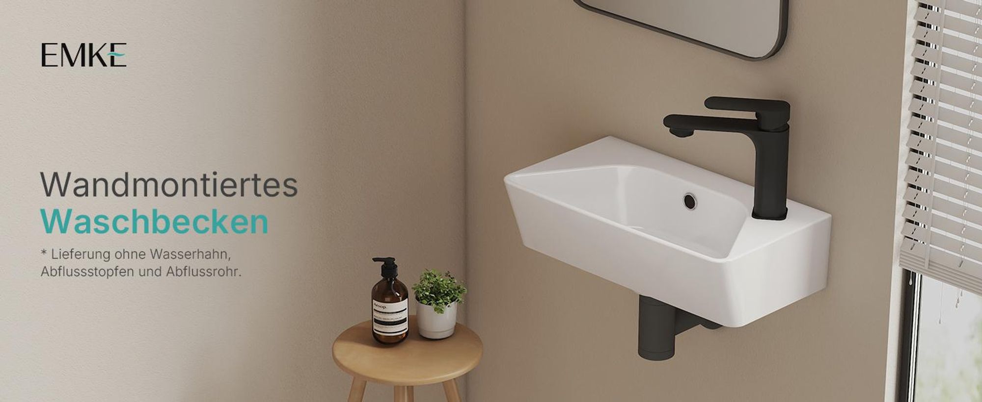 EMKE Wandwaschbecken Keramik Rechteckig 400x225mm Weiß Glänzend Modernes Hänge Waschbecken mit Armaturloch & Überlauf für Gäste-WC & kleines Bad