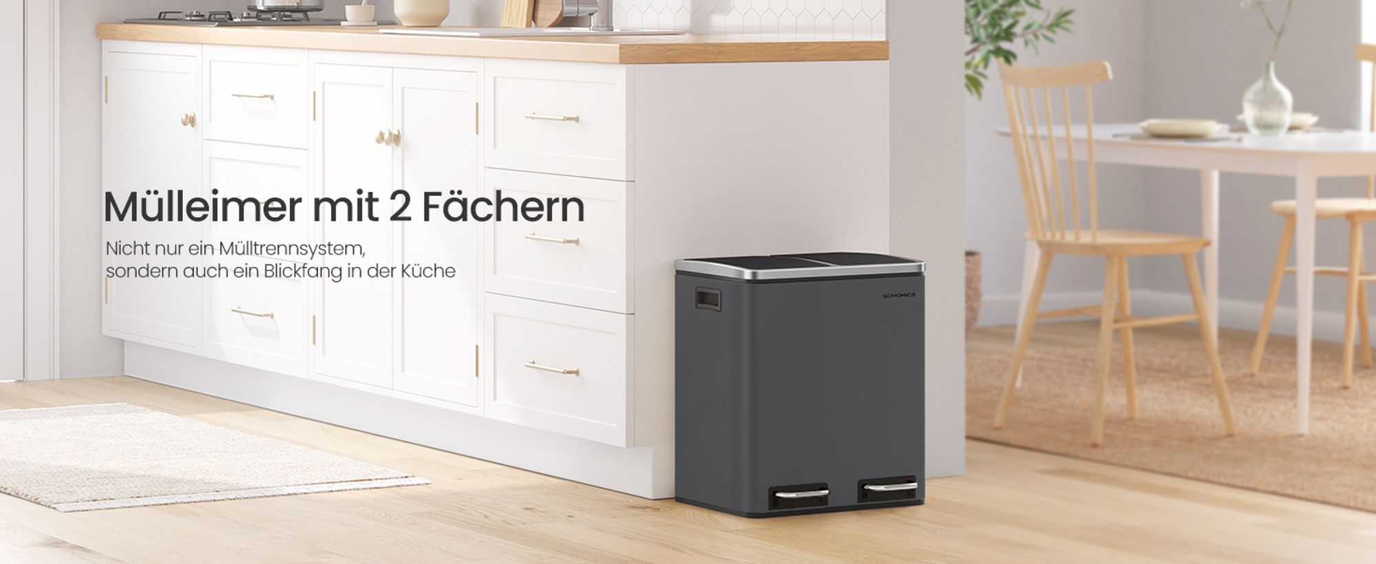Mülleimer Küche, 2 x 15 Liter, Mülltrennsystem 2 Fächer, Abfalleimer