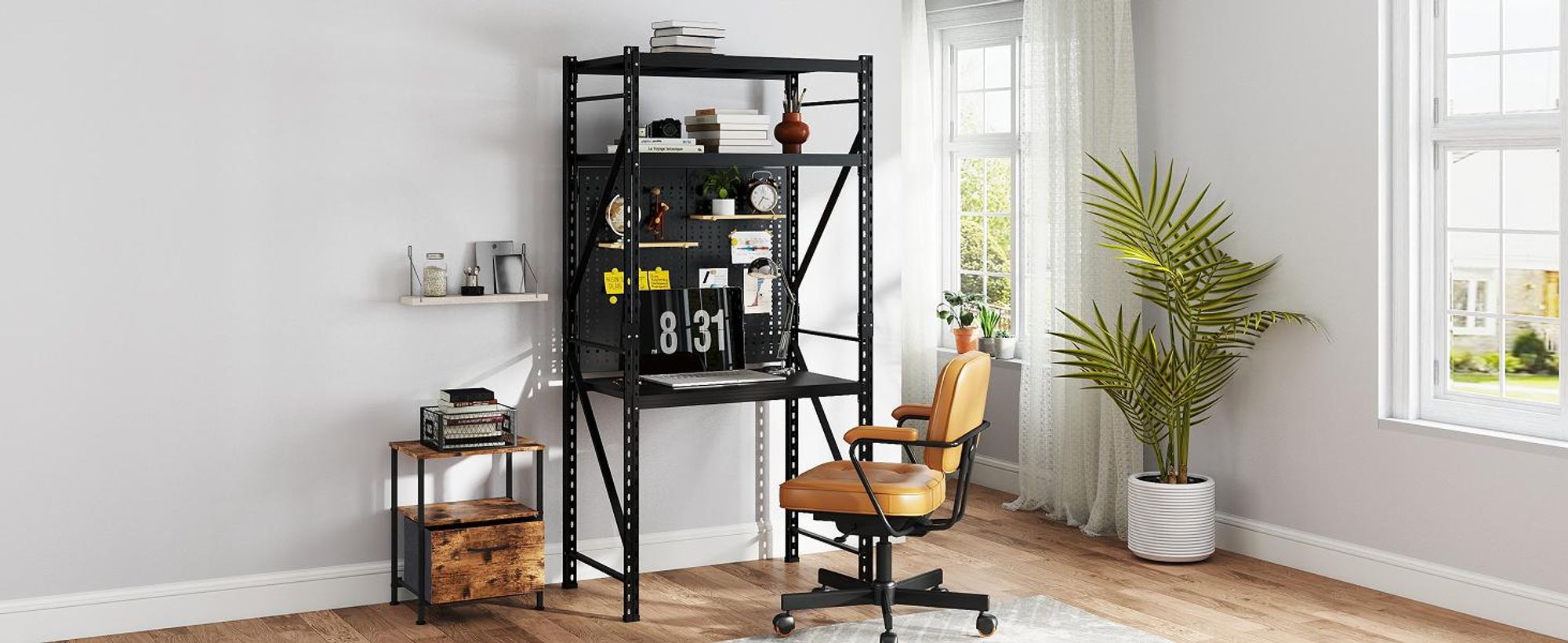 FLEXISPOT Werkbank aus Stahl, Arbeitstisch mit Lochwänden und oberer Ablage, Lagerregal bis 200 kg, für Werkstatt, Lager, Büro und Haushalt (Schwarz)