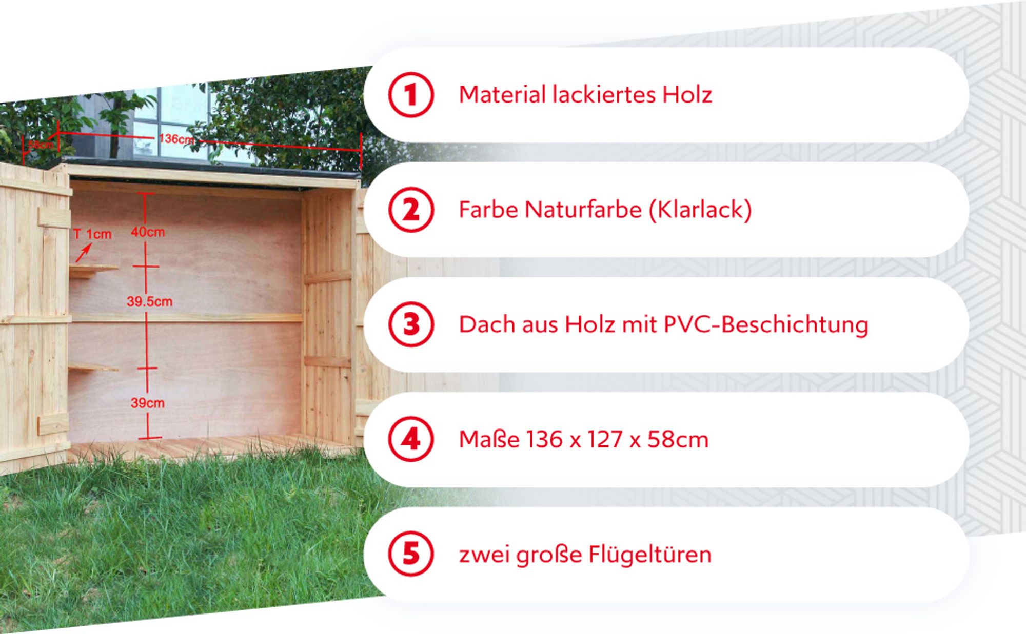 Wiltec Gartenhaus mit Doppeltür in Naturfarbe Holz 136 x 58 x 127 cm Gerätehaus für den Garten Geräteschuppen Gartenschrank Geräteschrank