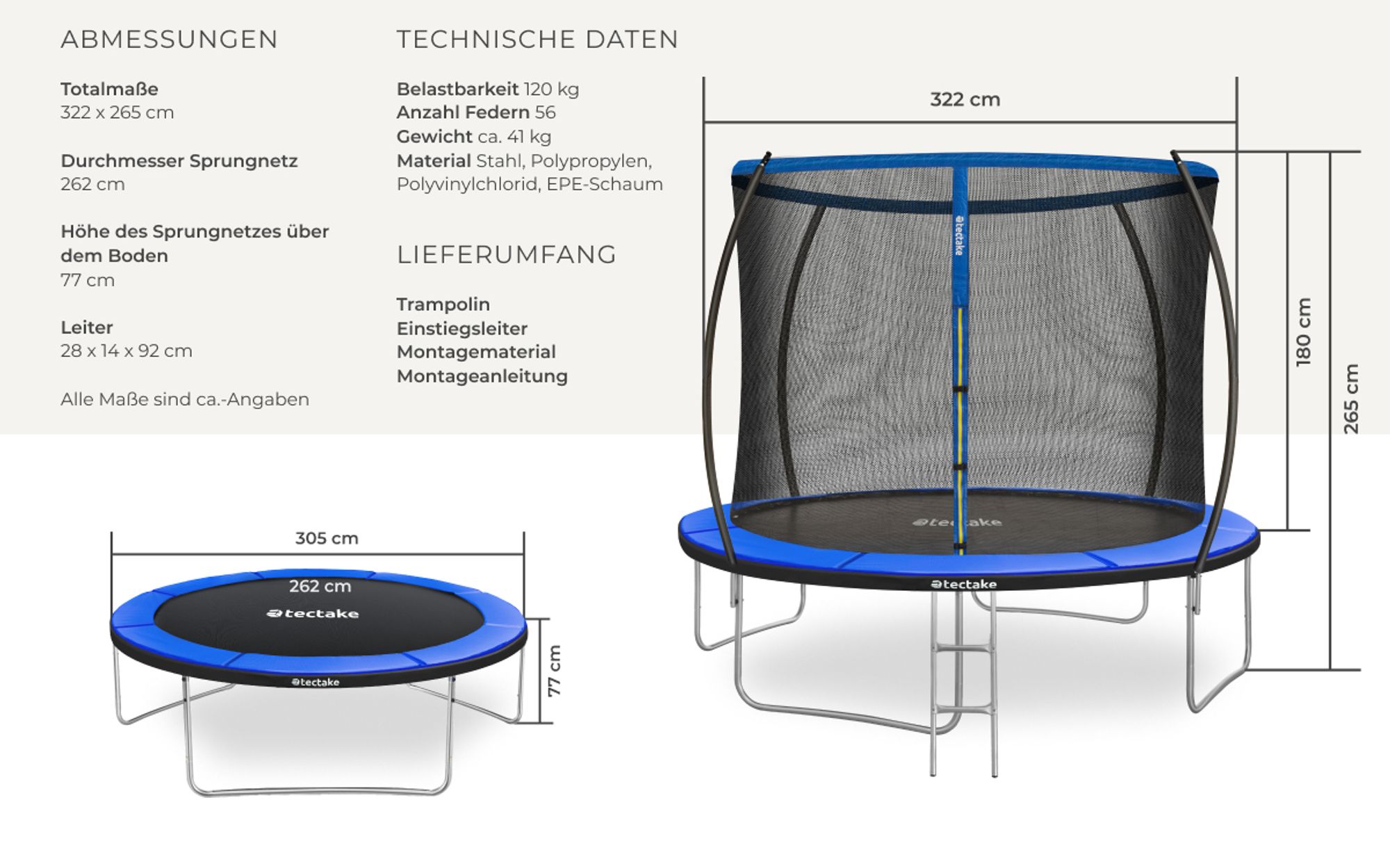 tectake® Trampolin Jumpy Ø 305 cm, GS- mit Sicherheitsnetz