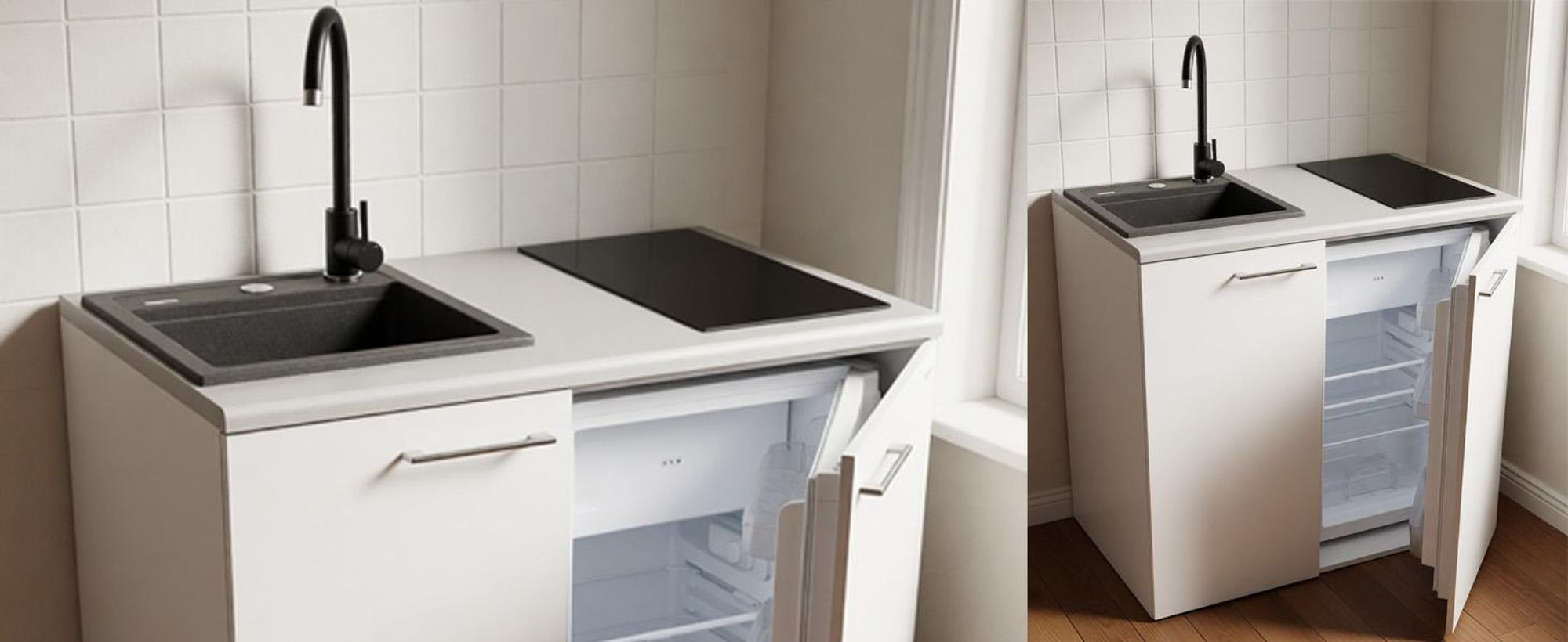 Miniküche, freistehende Küche, Induktionskochfeld, Granitspüle, Kühlschrank, Kochnische MPM SMK-02