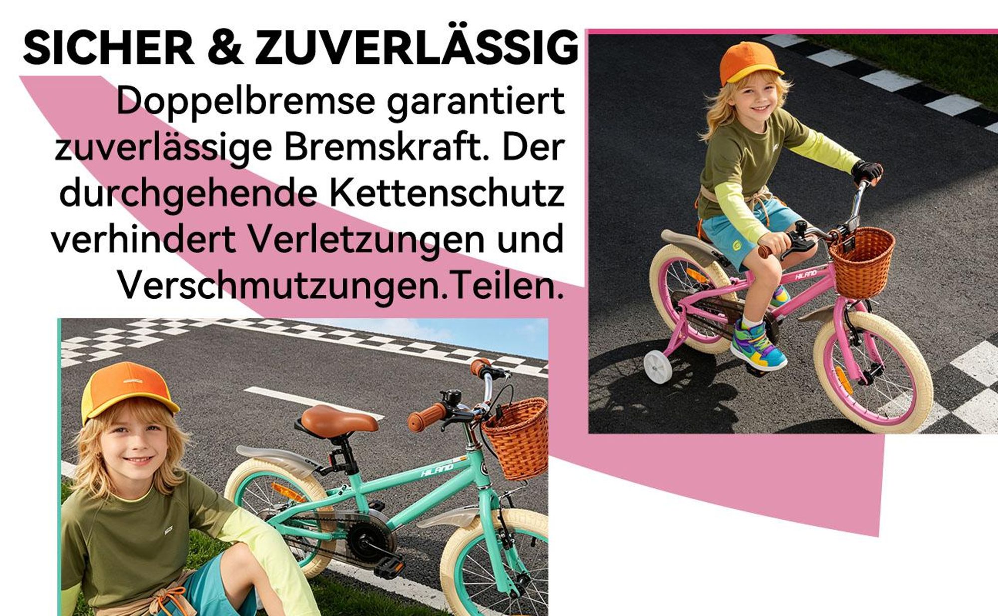 HILAND Ins Star 14 Zoll Kinderfahrrad für Mädchen Jungen 3 4 5 6 Jahre mit Stützräder, Korb, Handbremse und Rücktrittbremse, Mintgrün