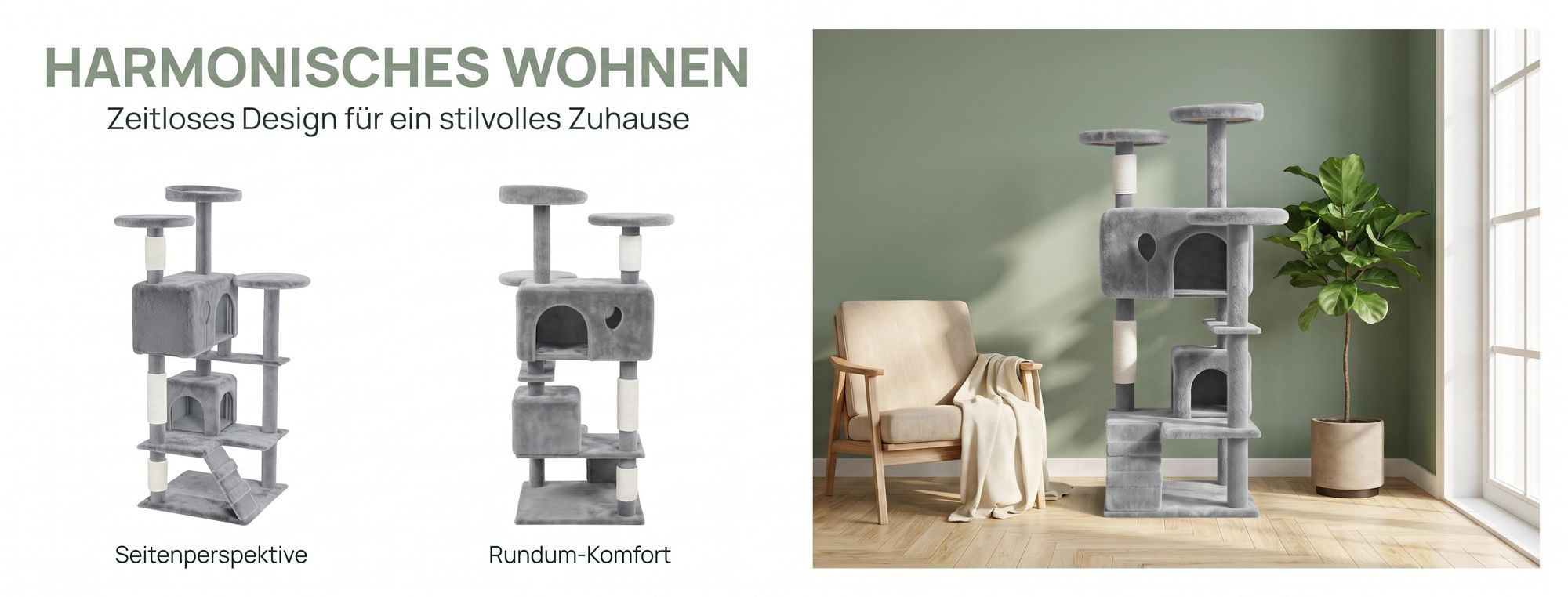 ROSEJANE Kratzbaum 130 cm für Katzen, Katzenbaum mit Sisal-Kratzsäulen, Katzenhöhle und Liegeflächen, Kletterturm für Wohnungskatzen