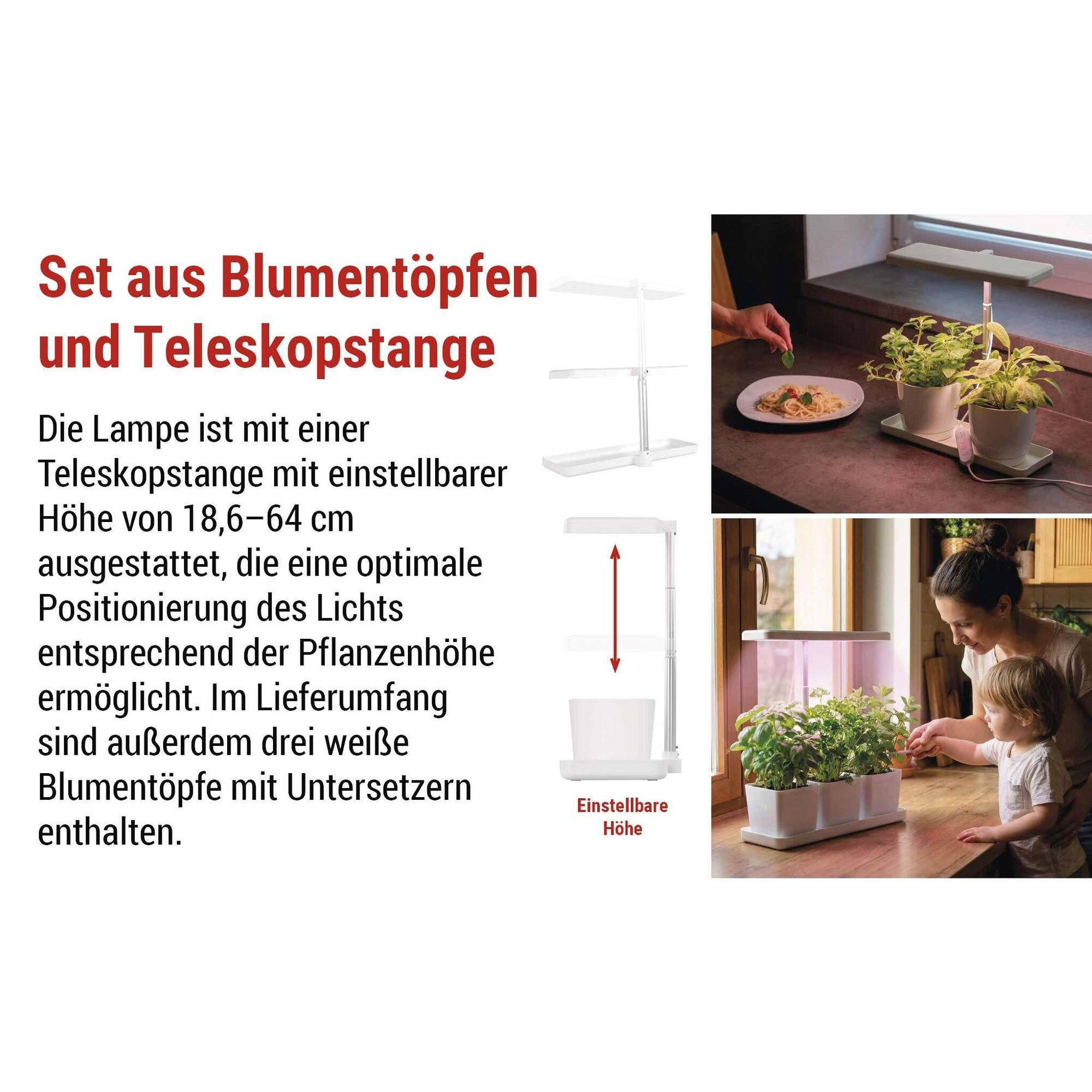 EMOS LED-Grow-Lampe für Kräuter und Zimmerpflanzen, Wachstumslampe mit 3 Blumentöpfen und Timer, höhenverstellbar, 300lm, 1,7 m USB-Kabel, Z7904